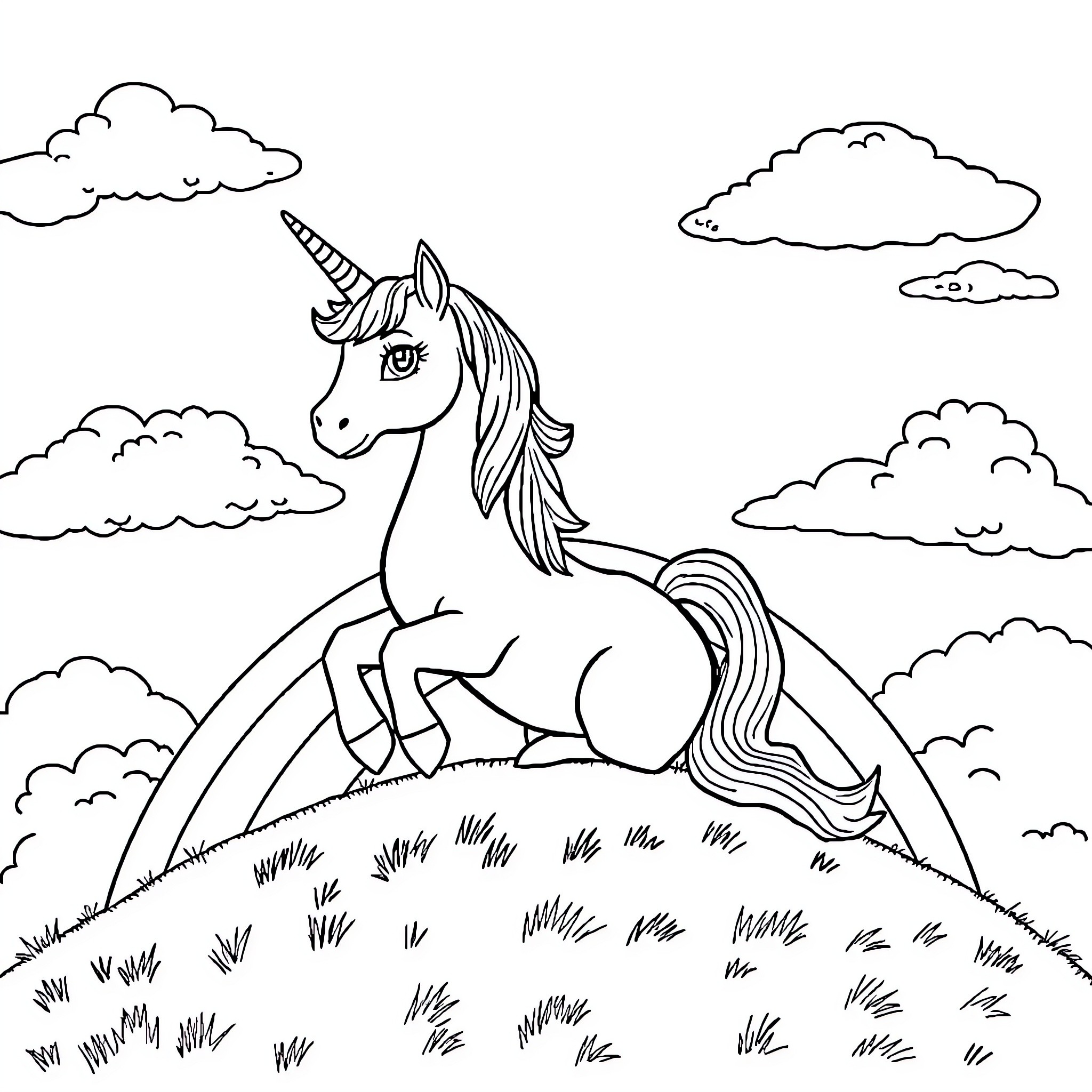 Unicorn resting on a grassy hill under cloudy skies Coloring Page (free black-and-white line drawing printable PDF for all, from beginners to advanced learners, including children, teens, adults, and seniors)