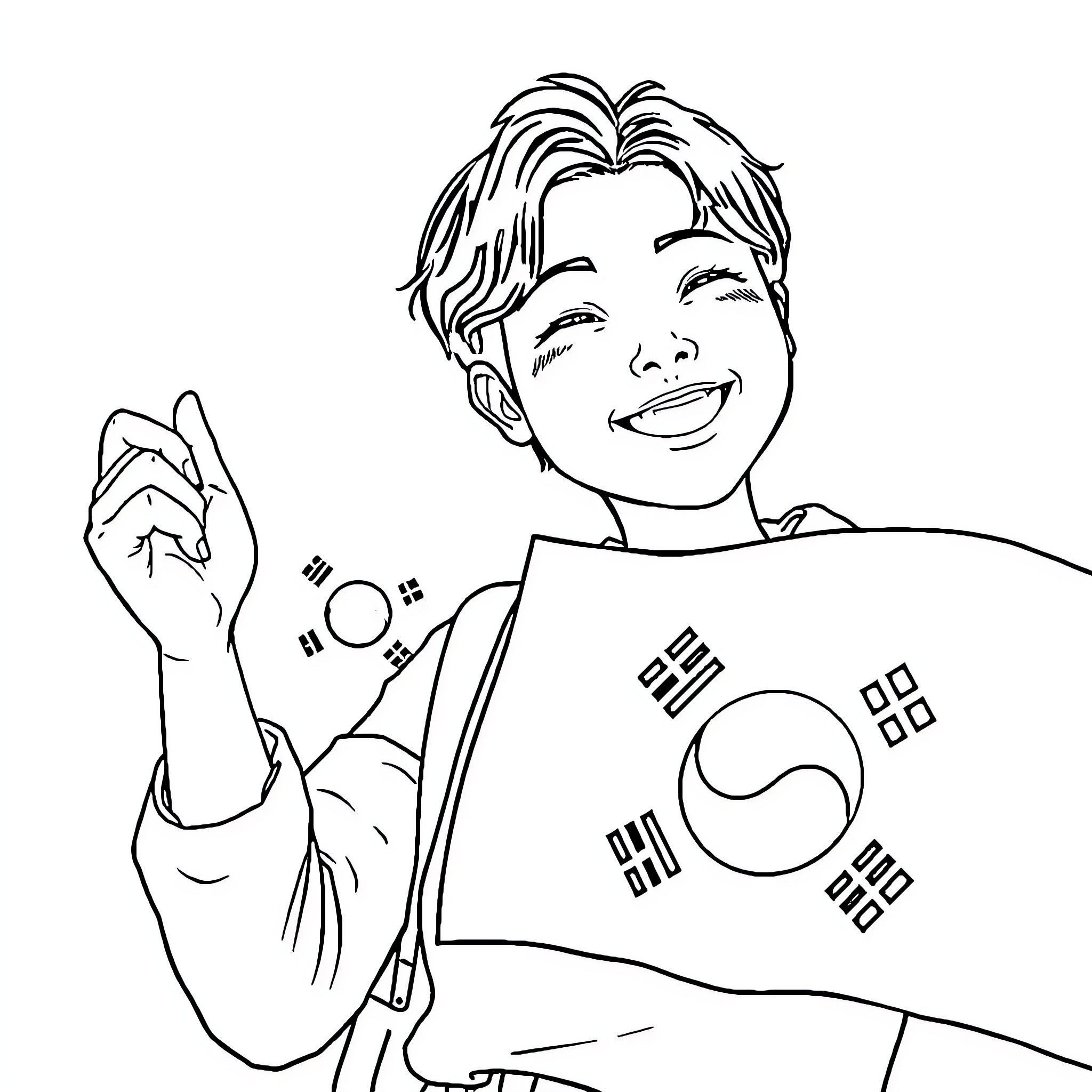 Person celebrating with Korean flag Coloring Page (free black-and-white line drawing printable PDF for all, from beginners to advanced learners, including children, teens, adults, and seniors)