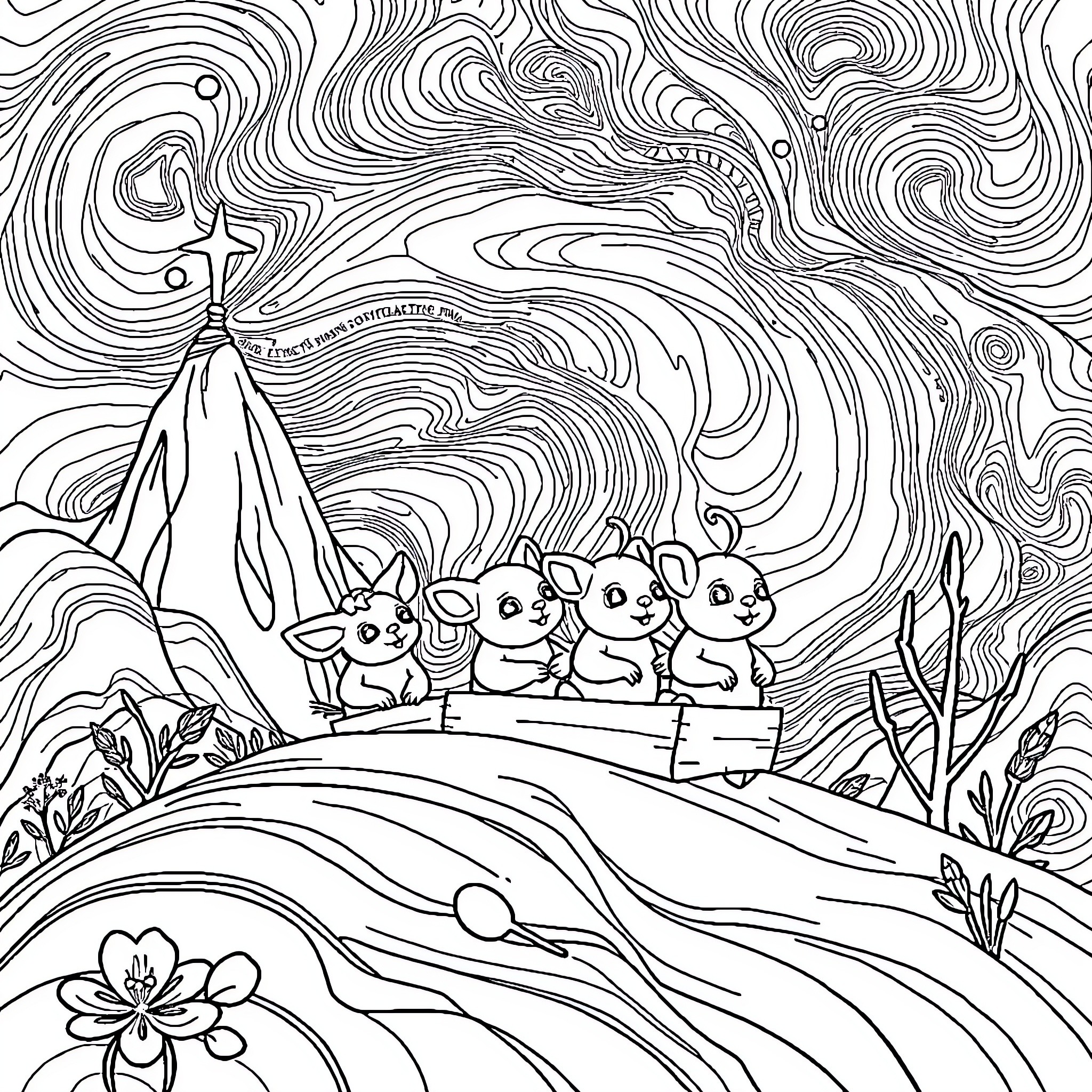 Critter Companions Exploring Whimsical Landscape Coloring Page (free black-and-white line drawing printable PDF for all, from beginners to advanced learners, including children, teens, adults, and seniors)