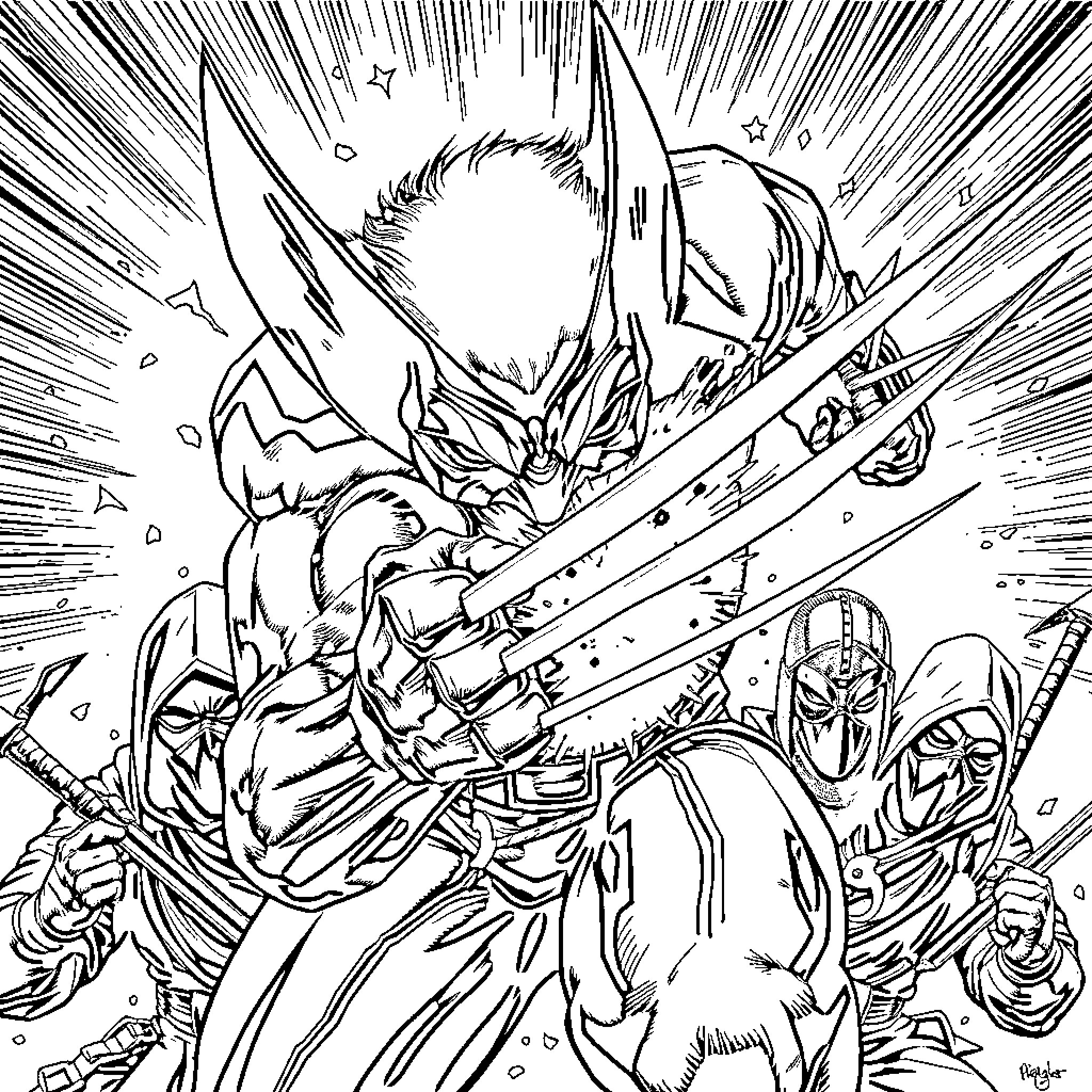 Wolverine's Heroic Clash in an Intense Battle Coloring Page (free black-and-white line drawing printable PDF for all, from beginners to advanced learners, including children, teens, adults, and seniors)