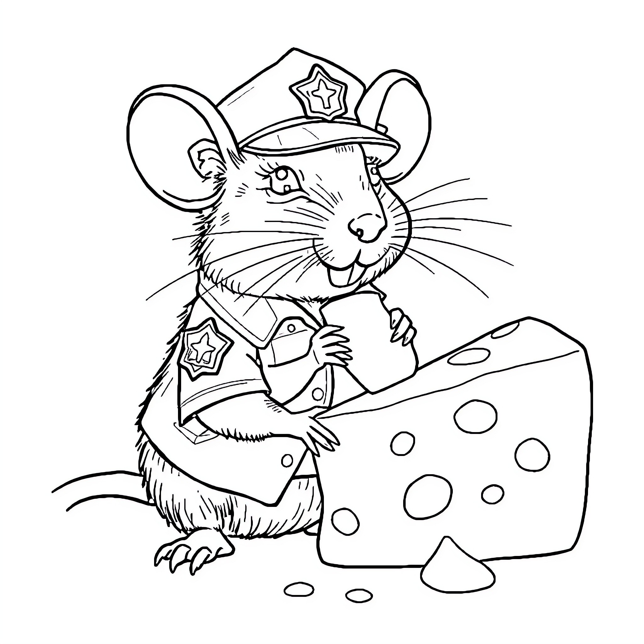 Rat police officer with hat and badge Coloring Page (free black-and-white line drawing printable PDF for all, from beginners to advanced learners, including children, teens, adults, and seniors)