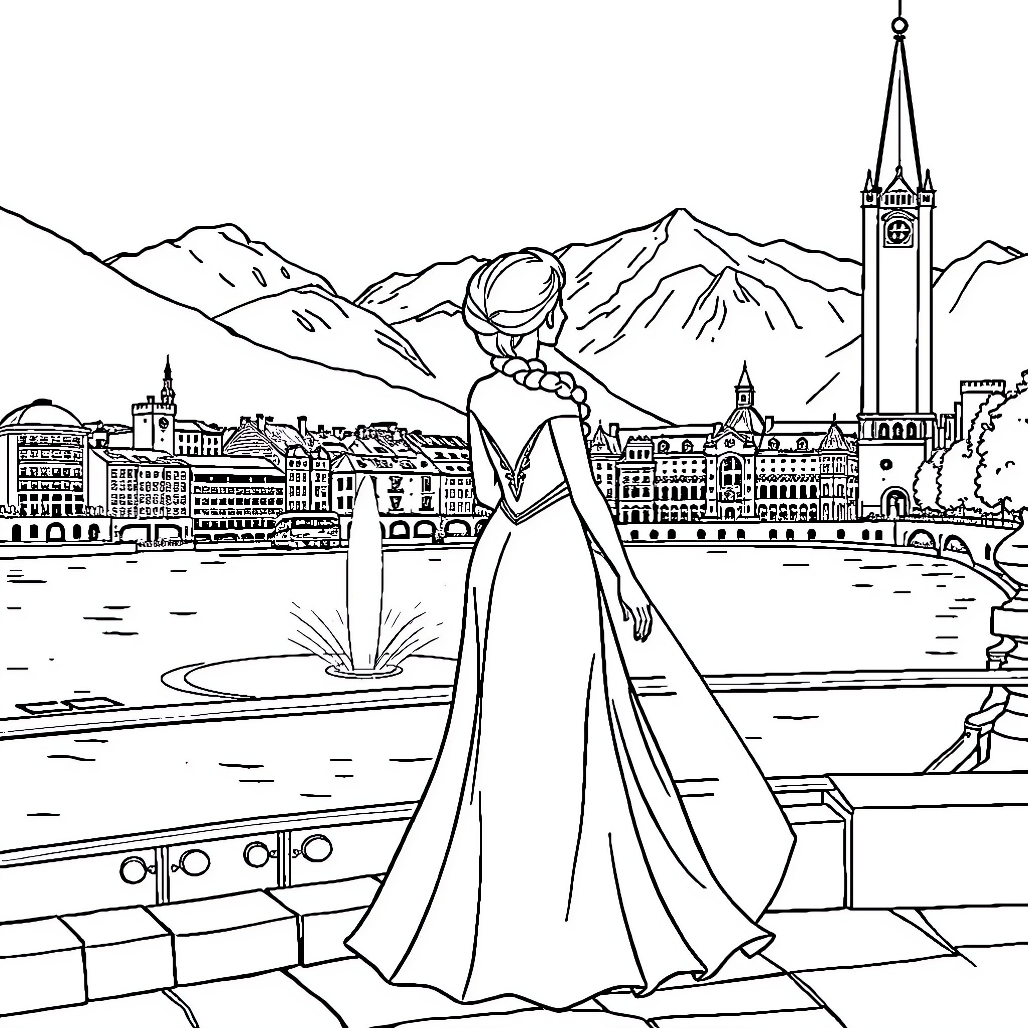Princess Elsa in a grand winter scene with castle Coloring Page (free black-and-white line drawing printable PDF for all, from beginners to advanced learners, including children, teens, adults, and seniors)