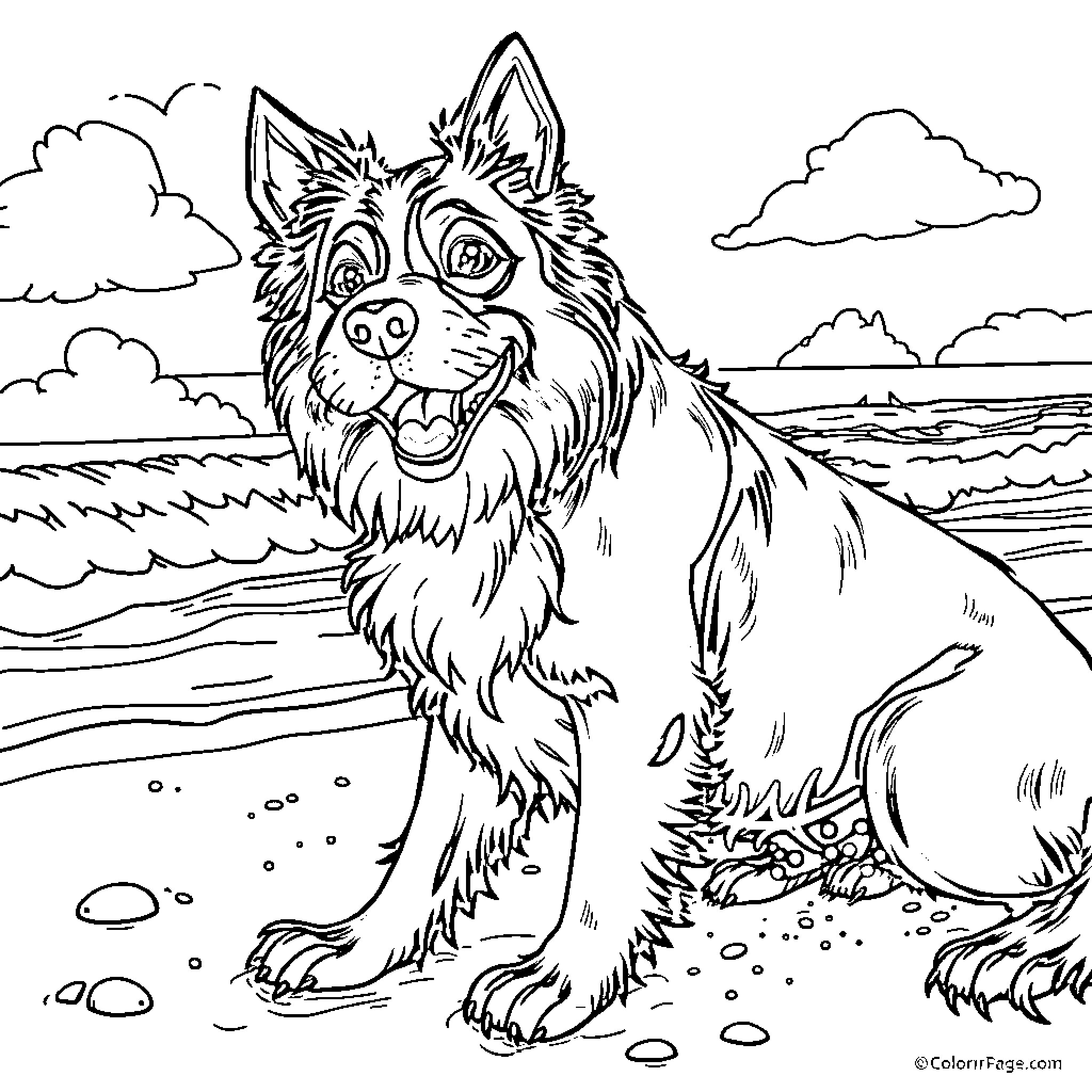 Paw Patrol pup enjoying the beach Coloring Page (free black-and-white line drawing printable PDF for all, from beginners to advanced learners, including children, teens, adults, and seniors)
