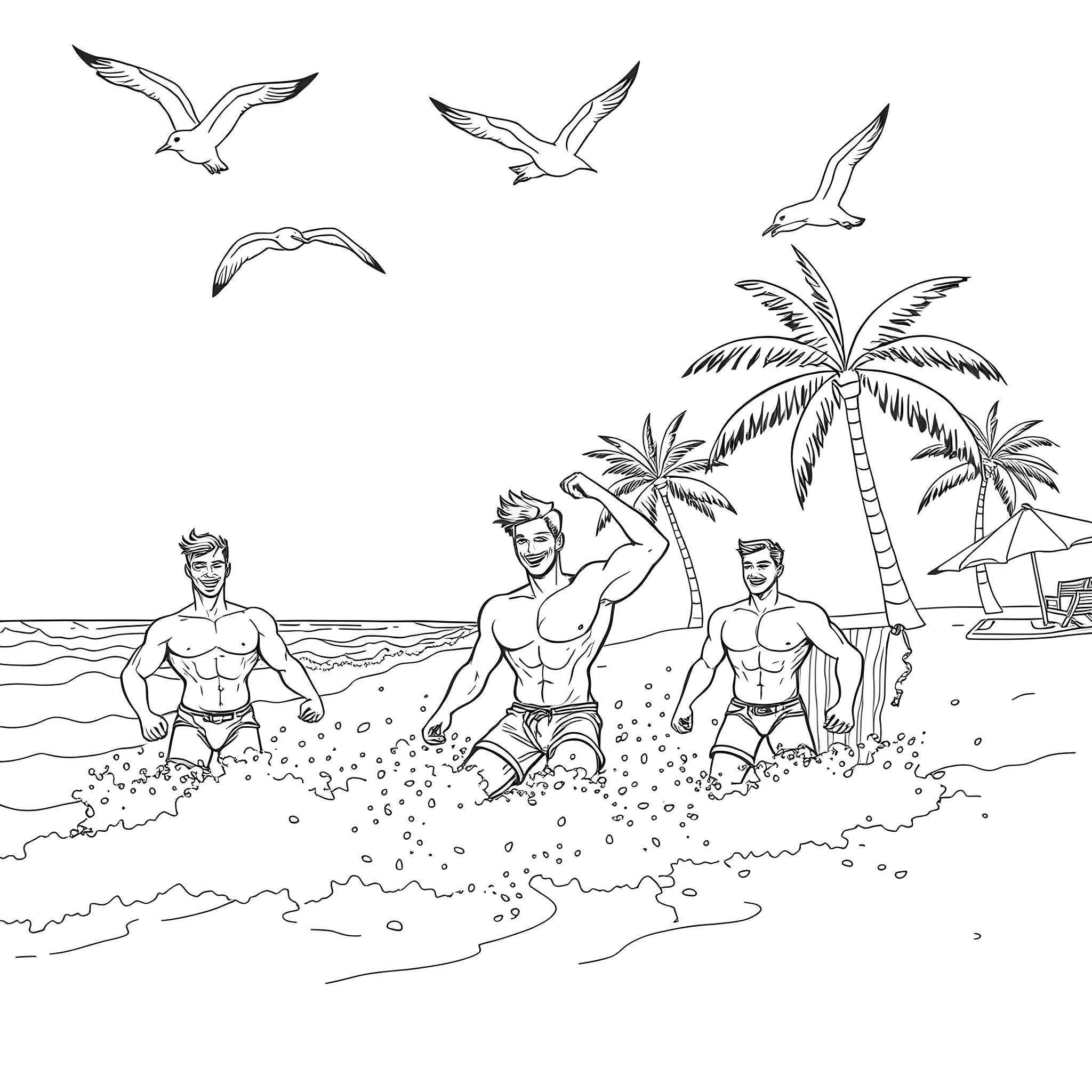 Guy enjoys beach day with friends in paradise Coloring Page (free black-and-white line drawing printable PDF for all, from beginners to advanced learners, including children, teens, adults, and seniors)