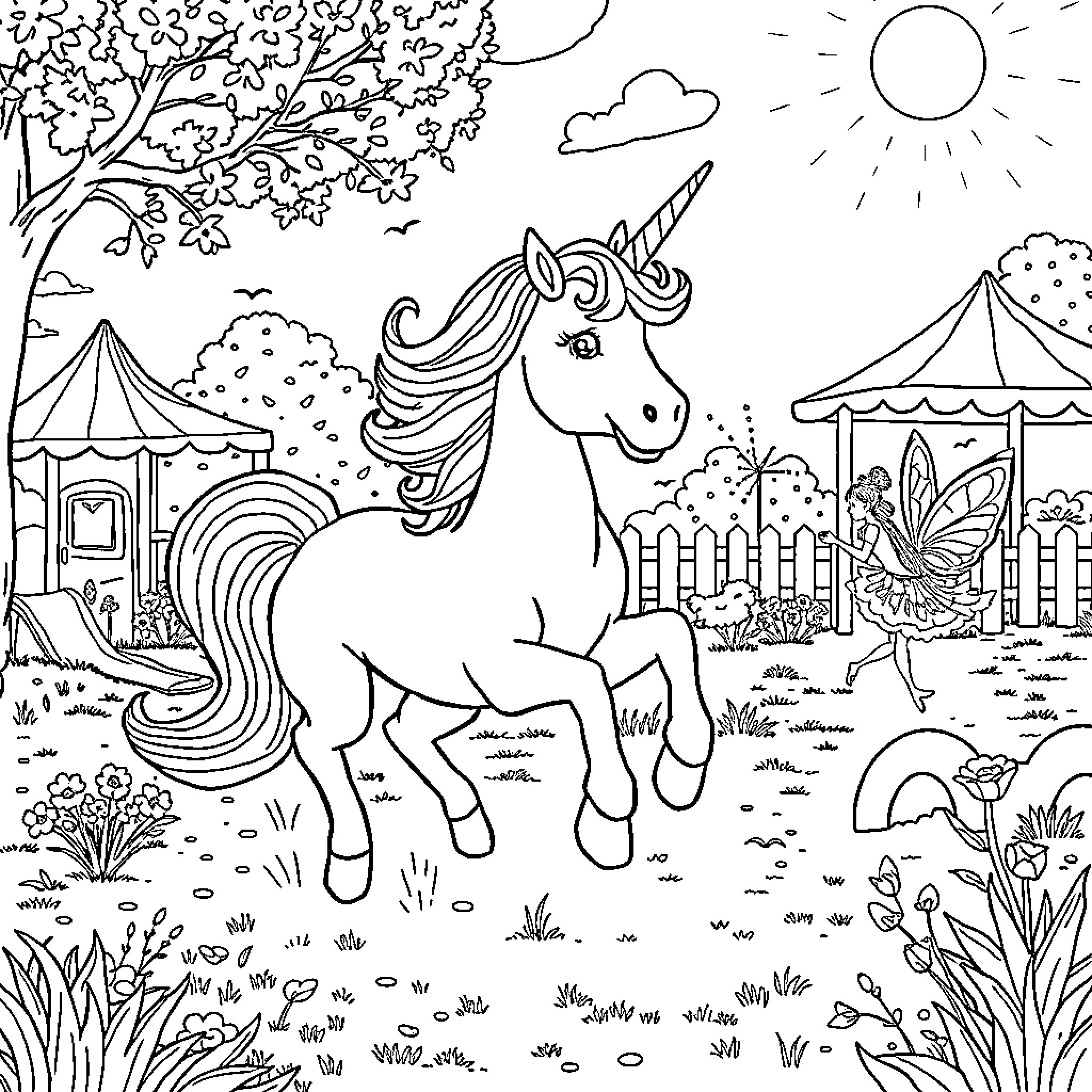 Unicorn frolicking in a magical fairytale landscape Coloring Page (free black-and-white line drawing printable PDF for all, from beginners to advanced learners, including children, teens, adults, and seniors)