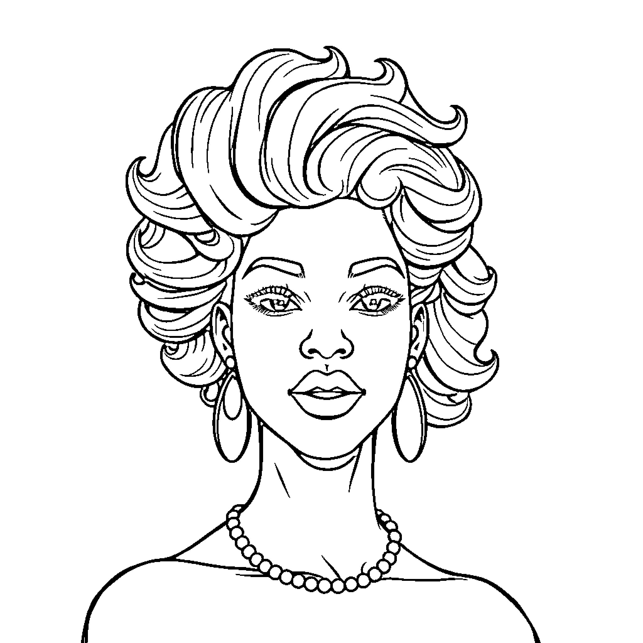 Woman with stylized wavy hairstyle and bold makeup Coloring Page (free black-and-white line drawing printable PDF for all, from beginners to advanced learners, including children, teens, adults, and seniors)