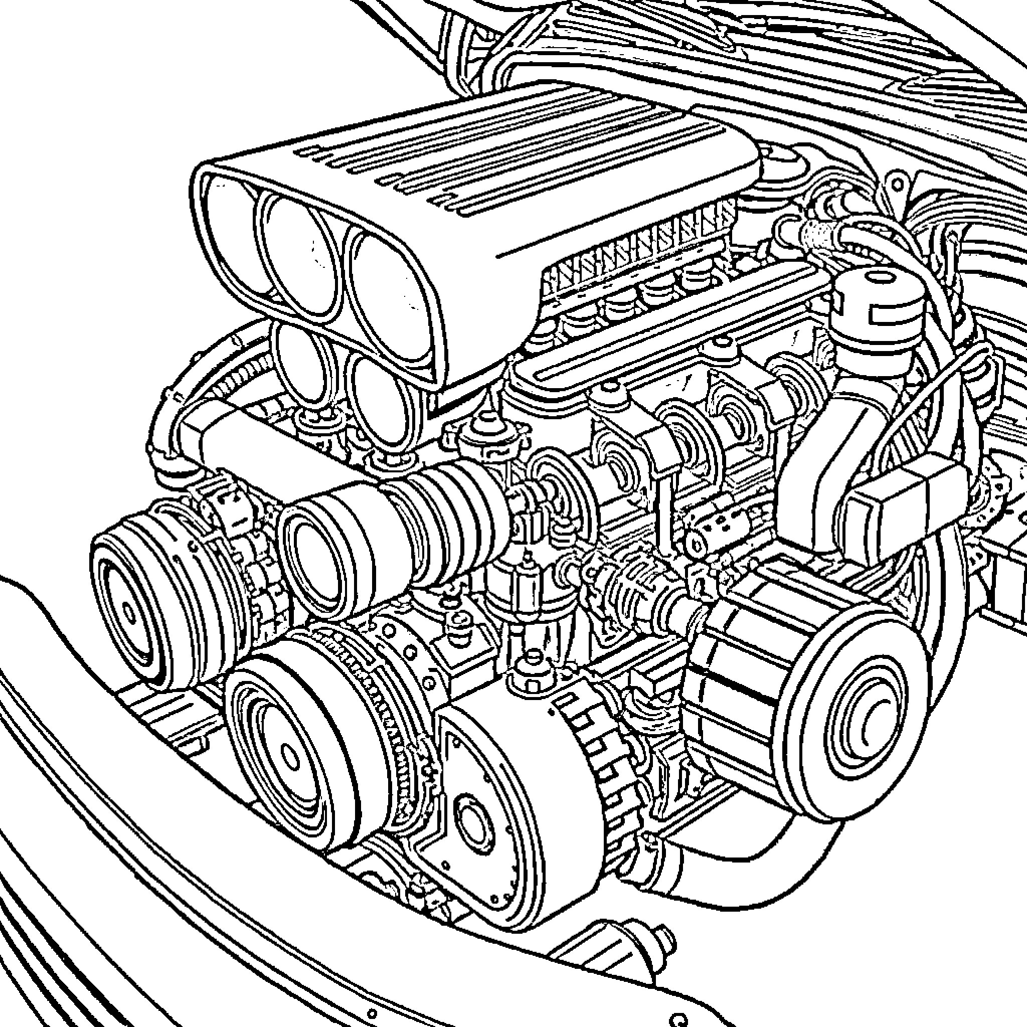 Car Engine with Complex Mechanical Components Coloring Page (free black-and-white line drawing printable PDF for all, from beginners to advanced learners, including children, teens, adults, and seniors)