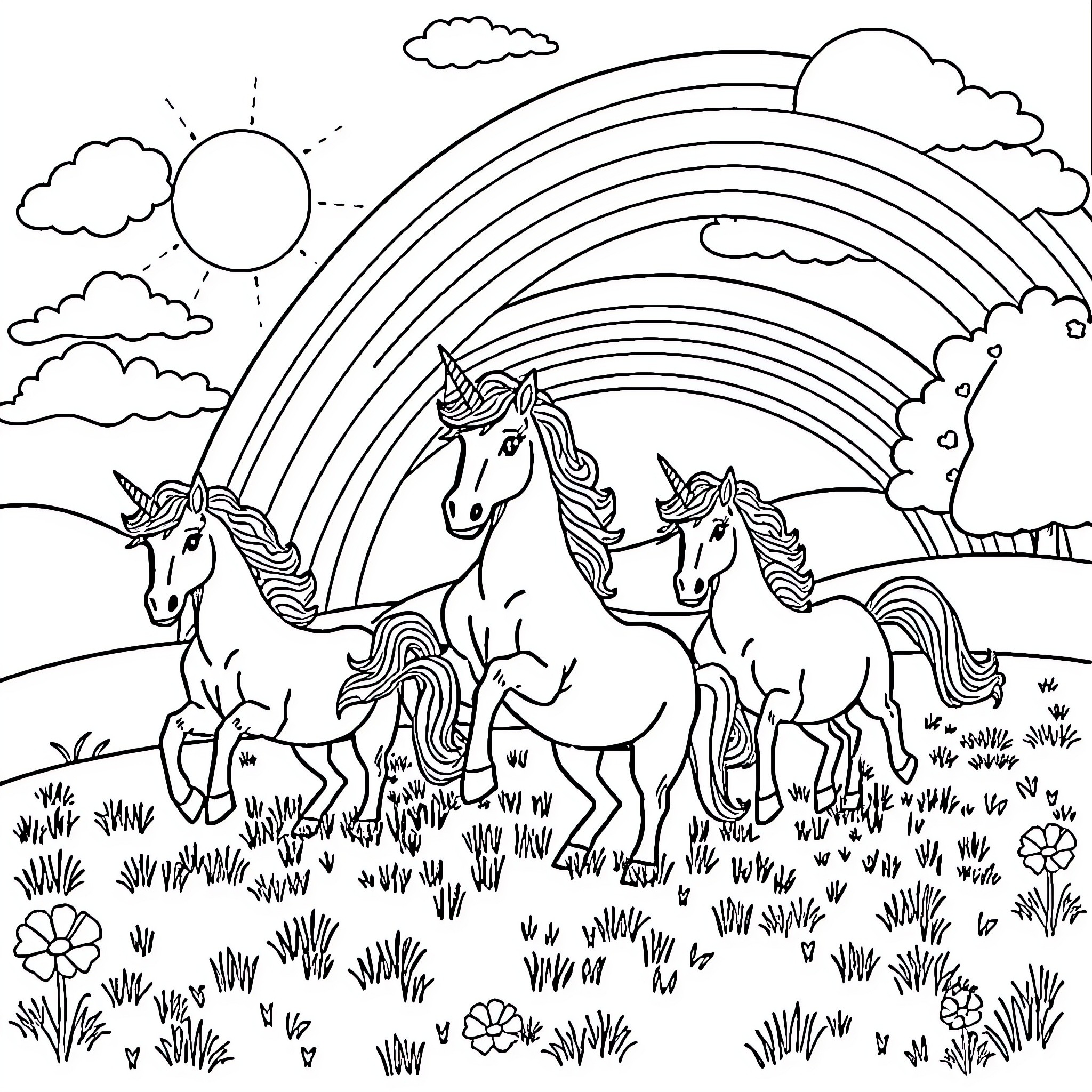 Unicorn Herd Prancing Through Vibrant Meadow Coloring Page (free black-and-white line drawing printable PDF for all, from beginners to advanced learners, including children, teens, adults, and seniors)