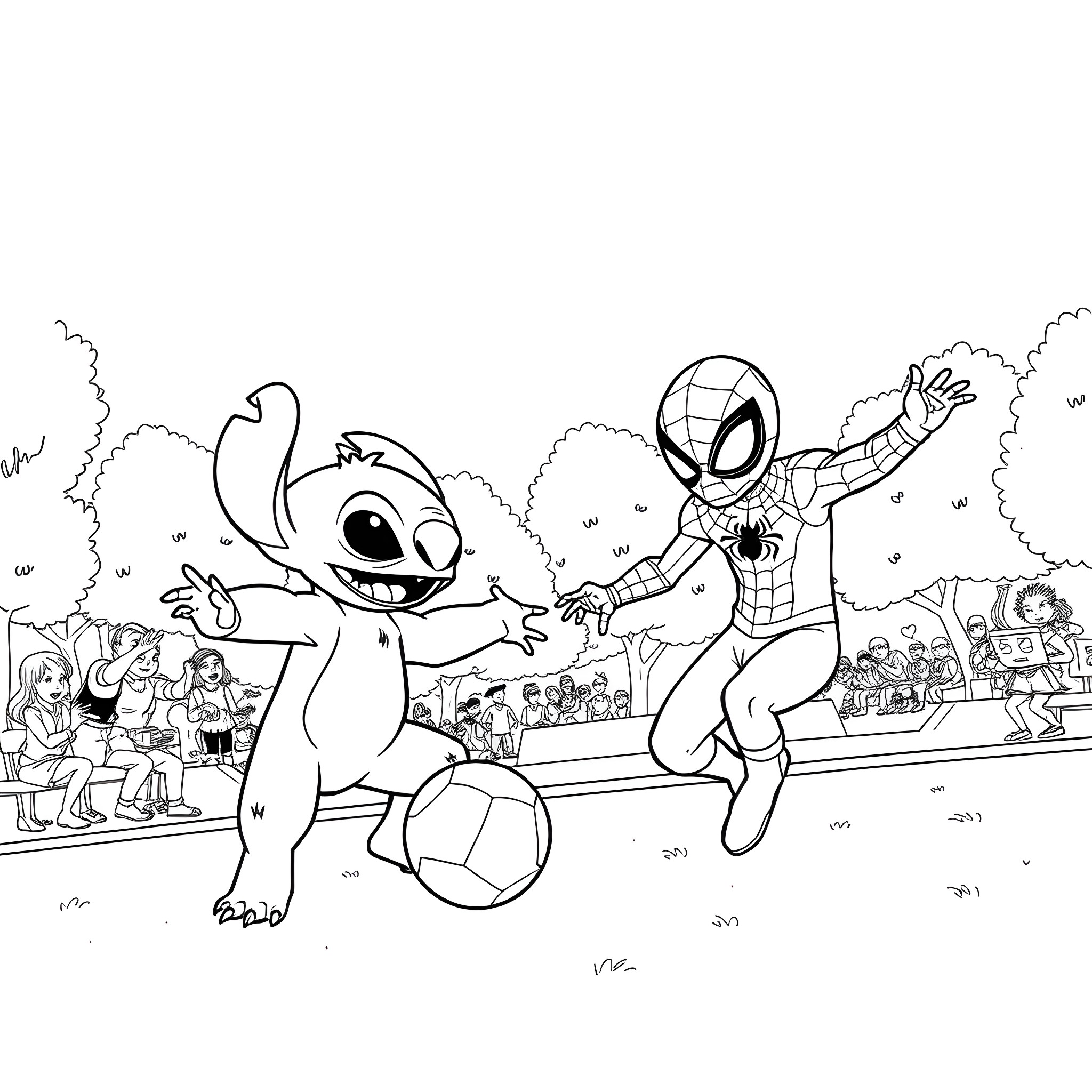 Stitch playing soccer with Spider-Man in the park Coloring Page (free black-and-white line drawing printable PDF for all, from beginners to advanced learners, including children, teens, adults, and seniors)