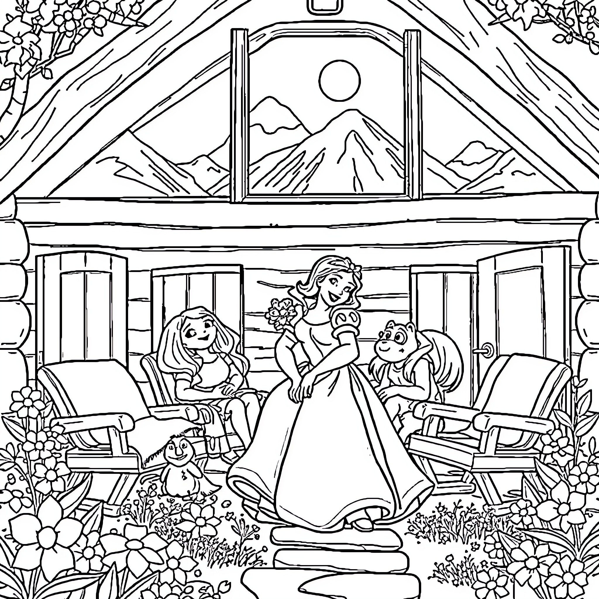 Snow White's magical cabin in the woods Coloring Page (free black-and-white line drawing printable PDF for all, from beginners to advanced learners, including children, teens, adults, and seniors)