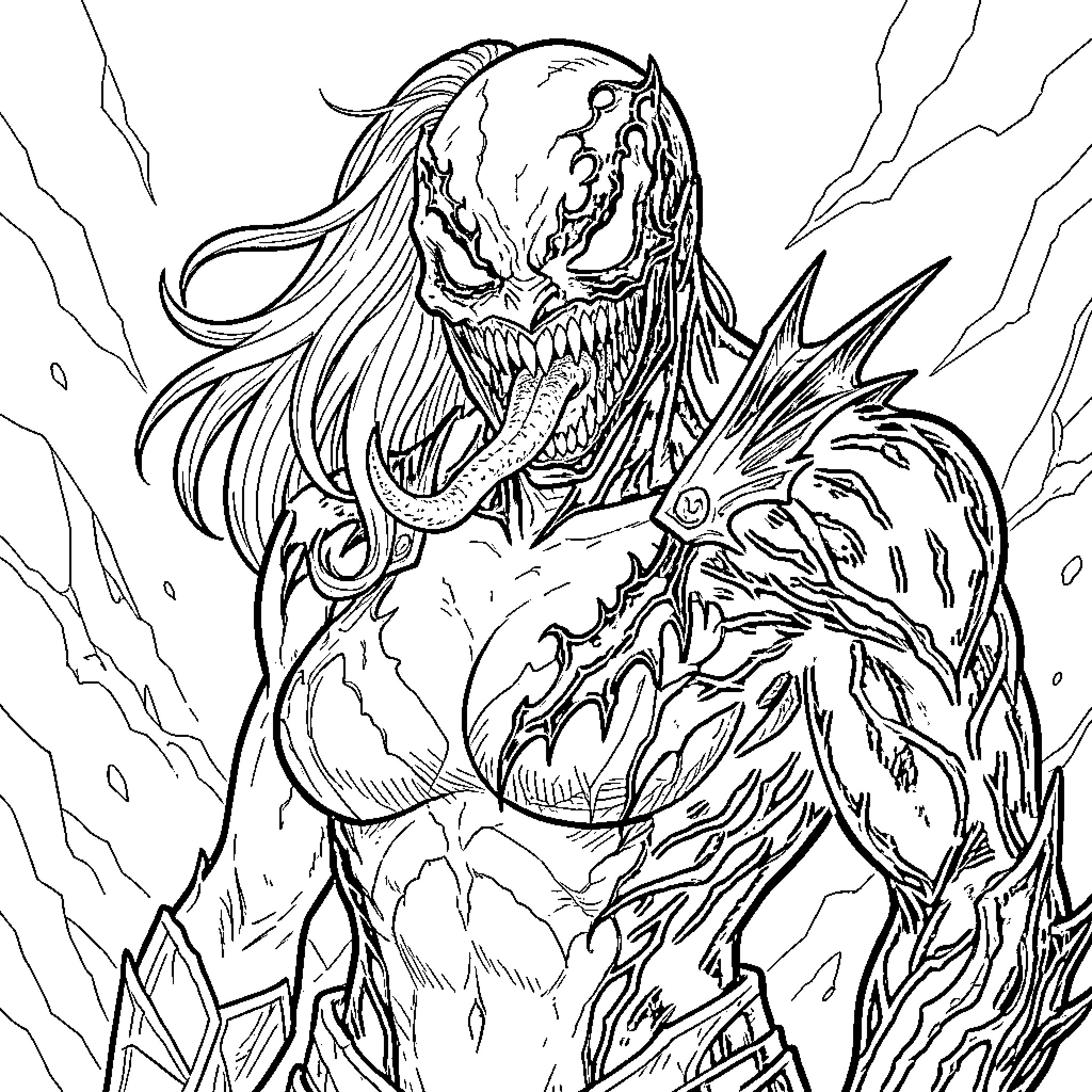 Venom's Ferocious Transformation Coloring Page (free black-and-white line drawing printable PDF for all, from beginners to advanced learners, including children, teens, adults, and seniors)
