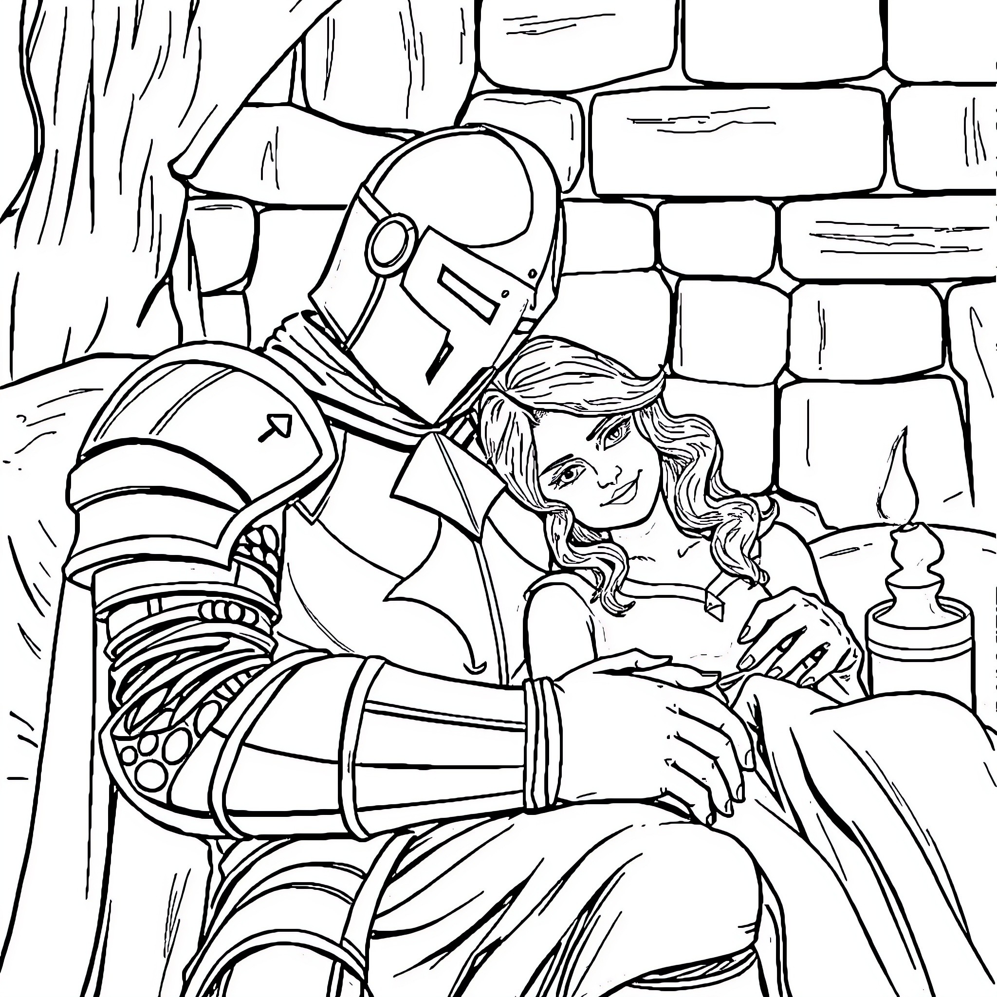 Knight's comforting embrace in the castle Coloring Page (free black-and-white line drawing printable PDF for all, from beginners to advanced learners, including children, teens, adults, and seniors)