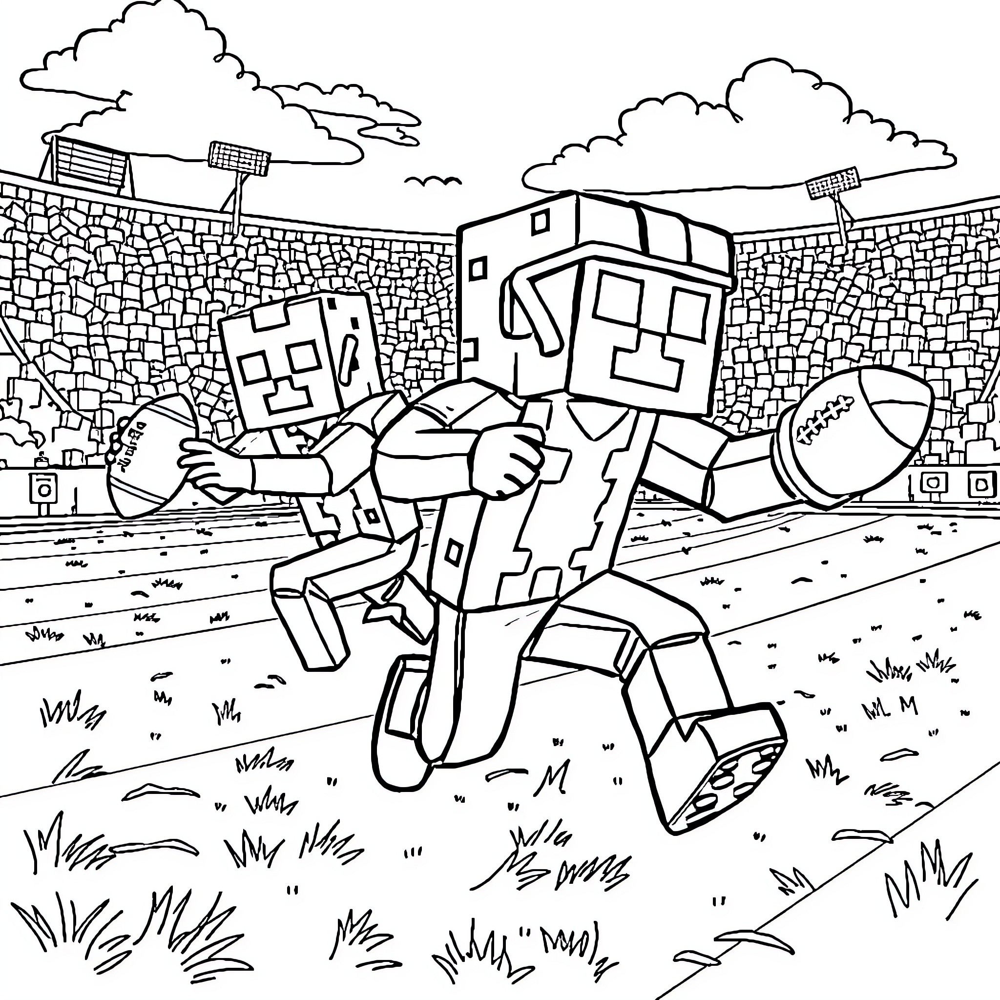 Kreeper characters playing on a field Coloring Page (free black-and-white line drawing printable PDF for all, from beginners to advanced learners, including children, teens, adults, and seniors)