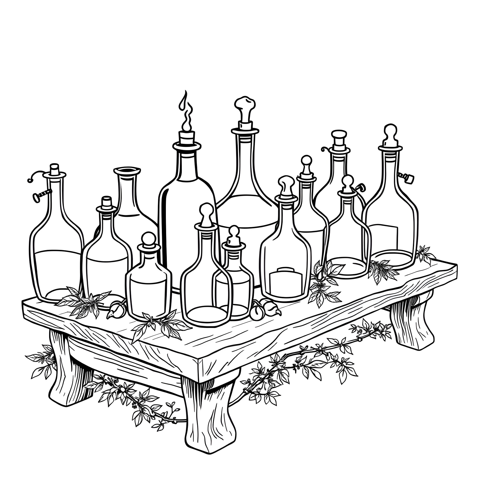 Potion Bottles on Rustic Wooden Table Coloring Page (free black-and-white line drawing printable PDF for all, from beginners to advanced learners, including children, teens, adults, and seniors)