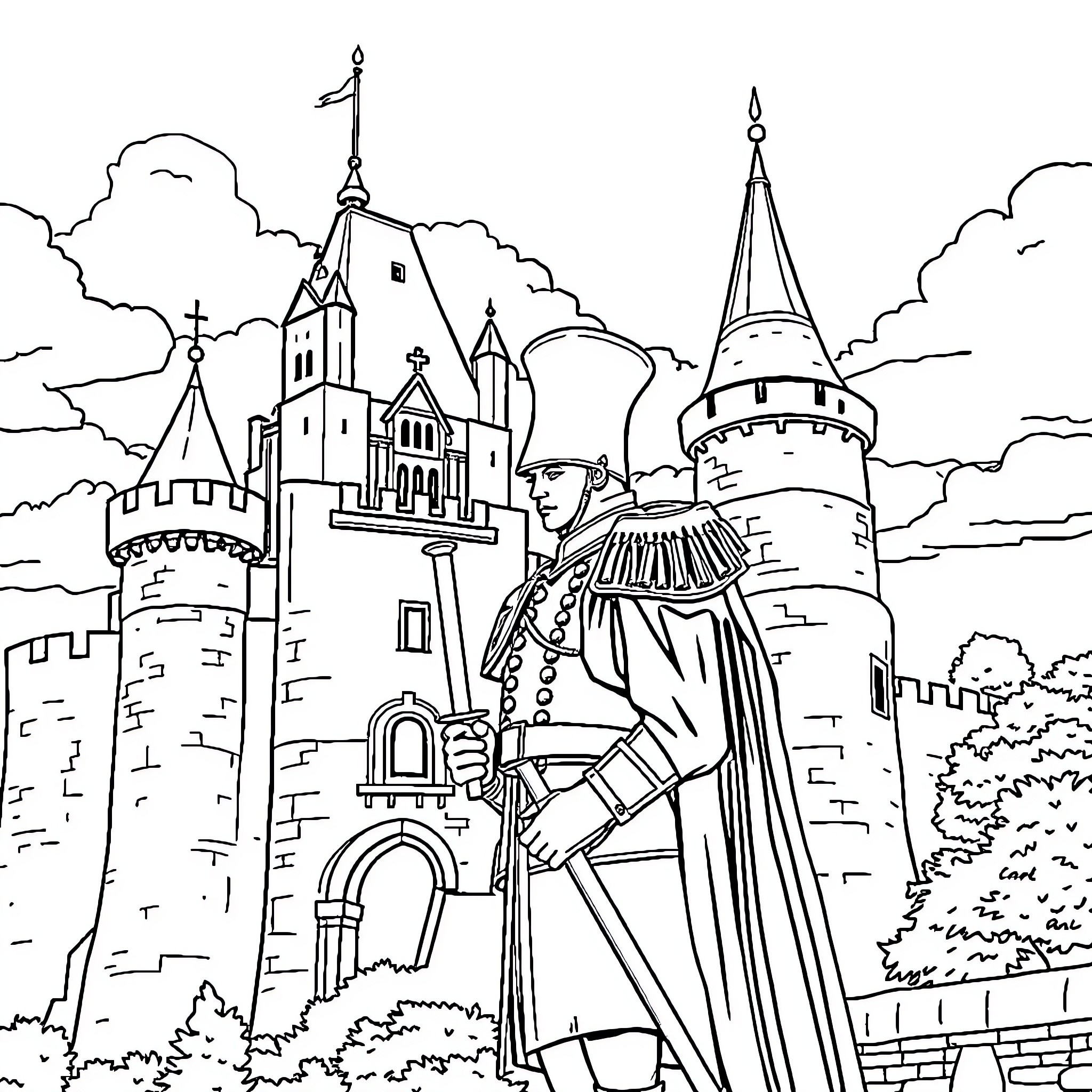 French Guard Stands Vigilant at Historic Castle Coloring Page (free black-and-white line drawing printable PDF for all, from beginners to advanced learners, including children, teens, adults, and seniors)