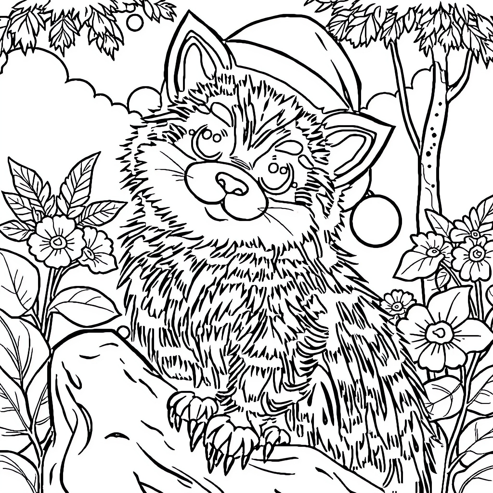 Dog with Colorful Flowers in Nature Coloring Page (free black-and-white line drawing printable PDF for all, from beginners to advanced learners, including children, teens, adults, and seniors)