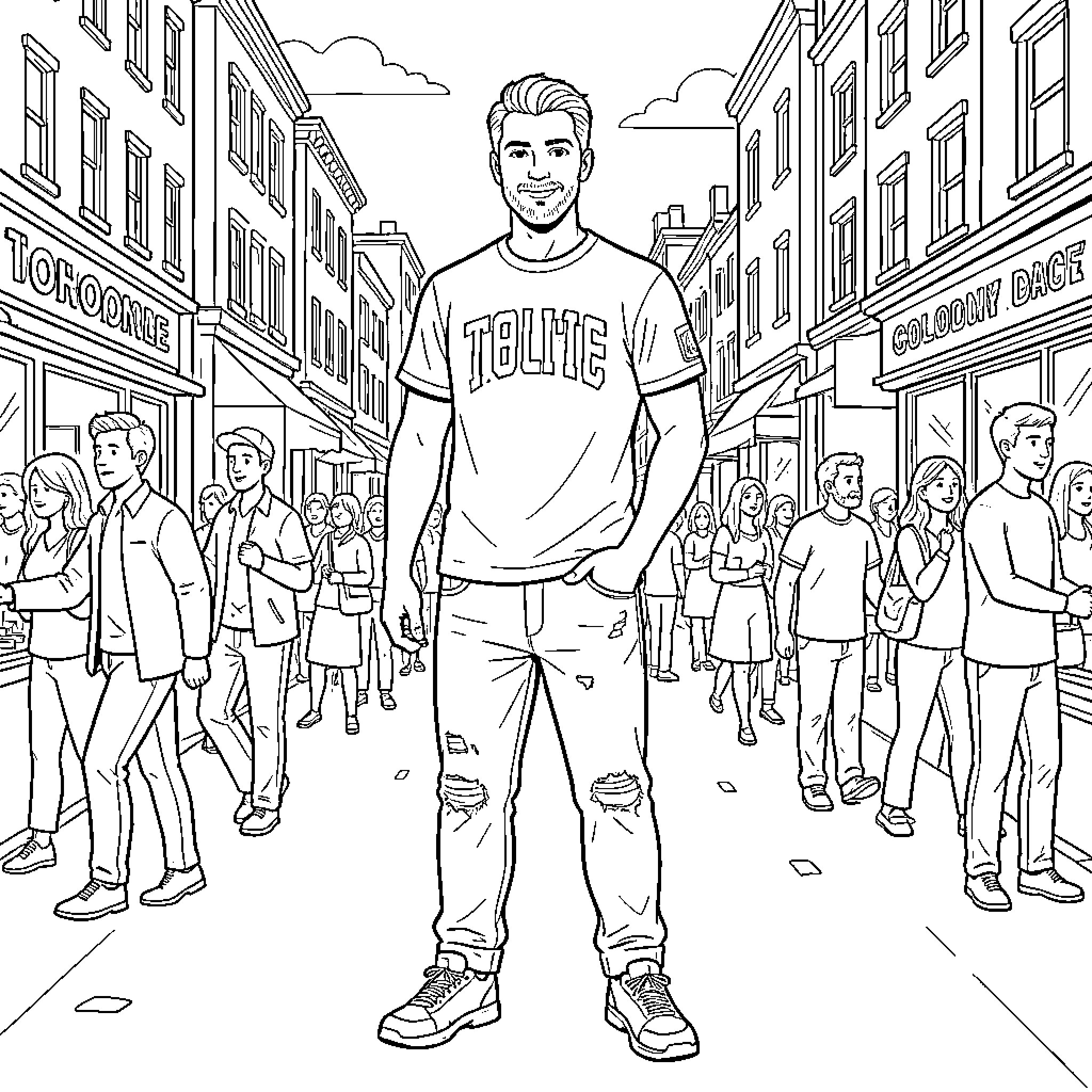 Adult man standing confidently on a busy city street Coloring Page (free black-and-white line drawing printable PDF for all, from beginners to advanced learners, including children, teens, adults, and seniors)