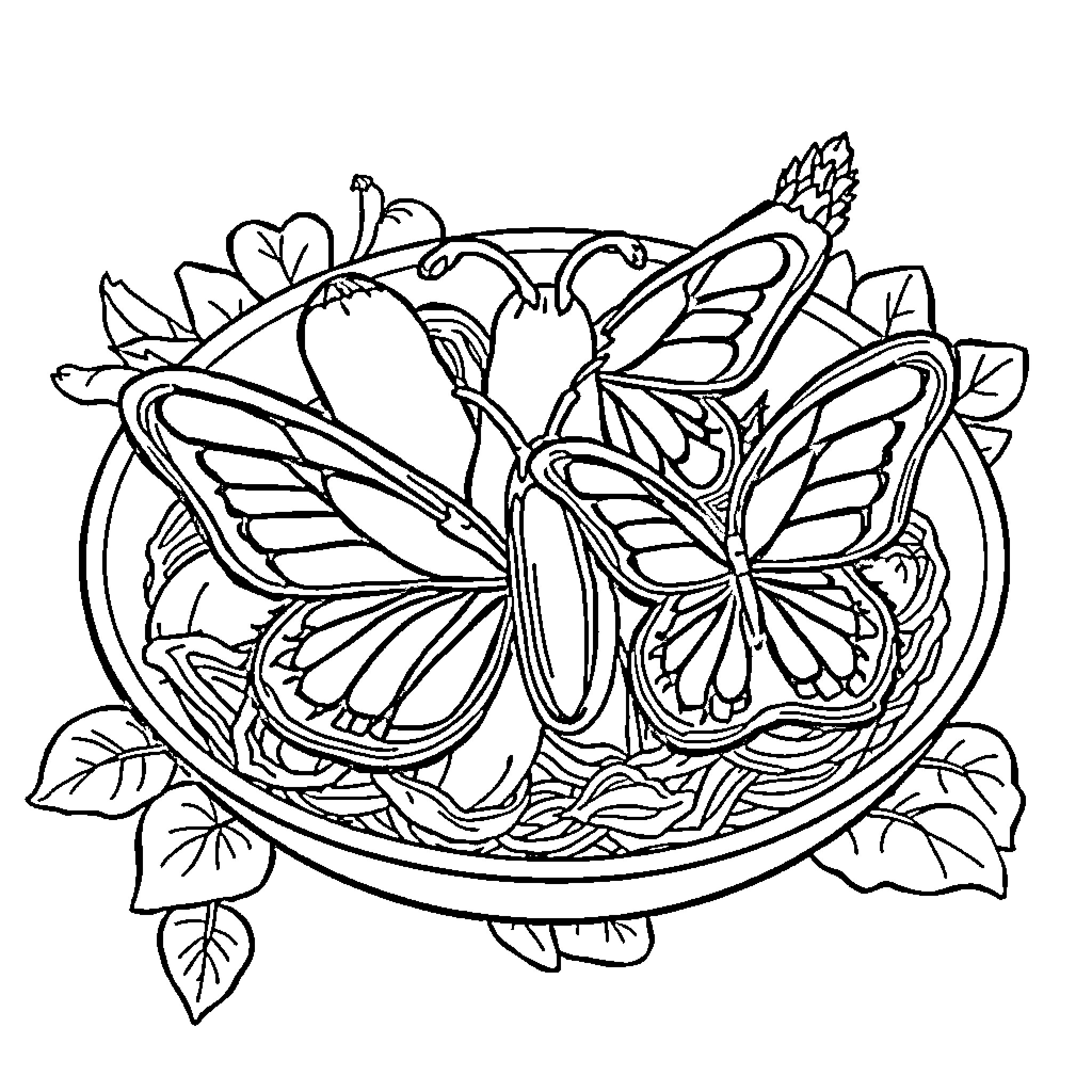 Butterfly Adornments in Floral Arrangement Coloring Page (free black-and-white line drawing printable PDF for all, from beginners to advanced learners, including children, teens, adults, and seniors)