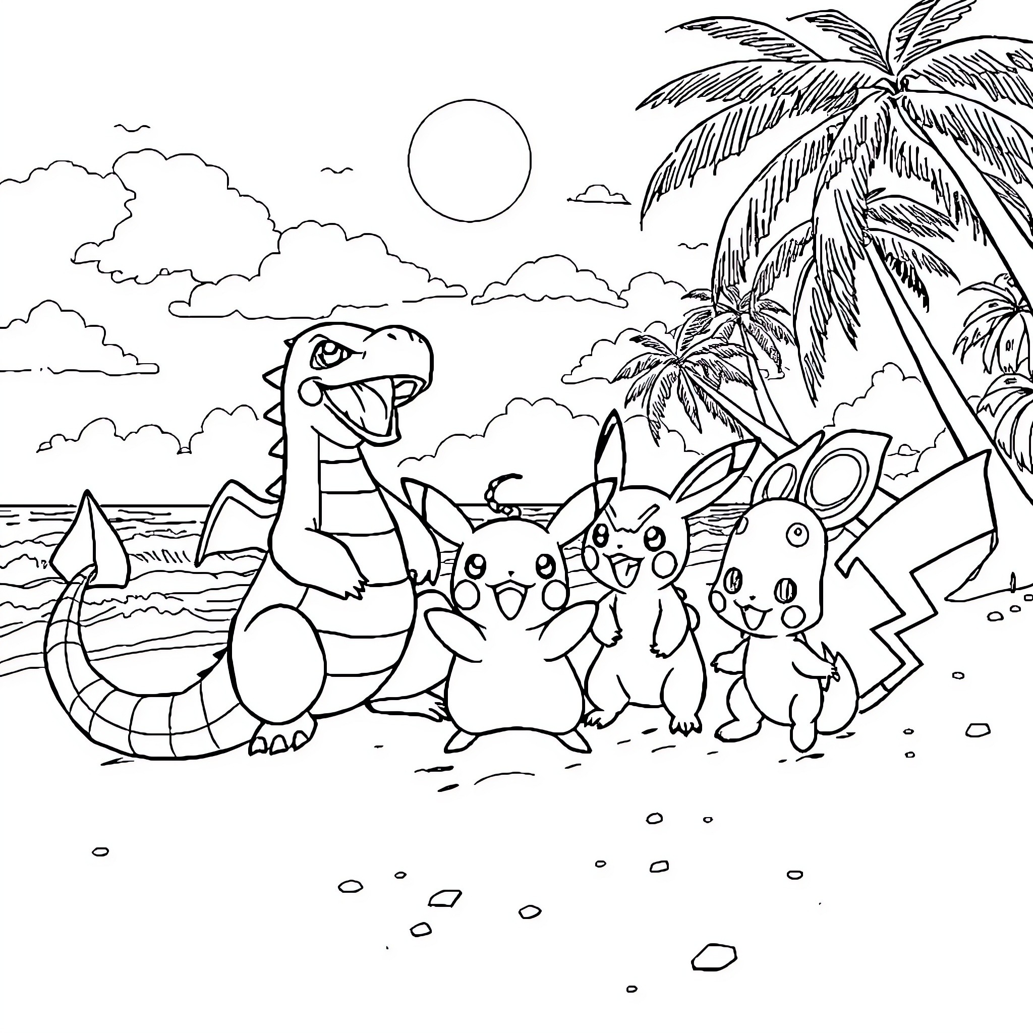 Pokémon characters exploring a tropical paradise Coloring Page (free black-and-white line drawing printable PDF for all, from beginners to advanced learners, including children, teens, adults, and seniors)