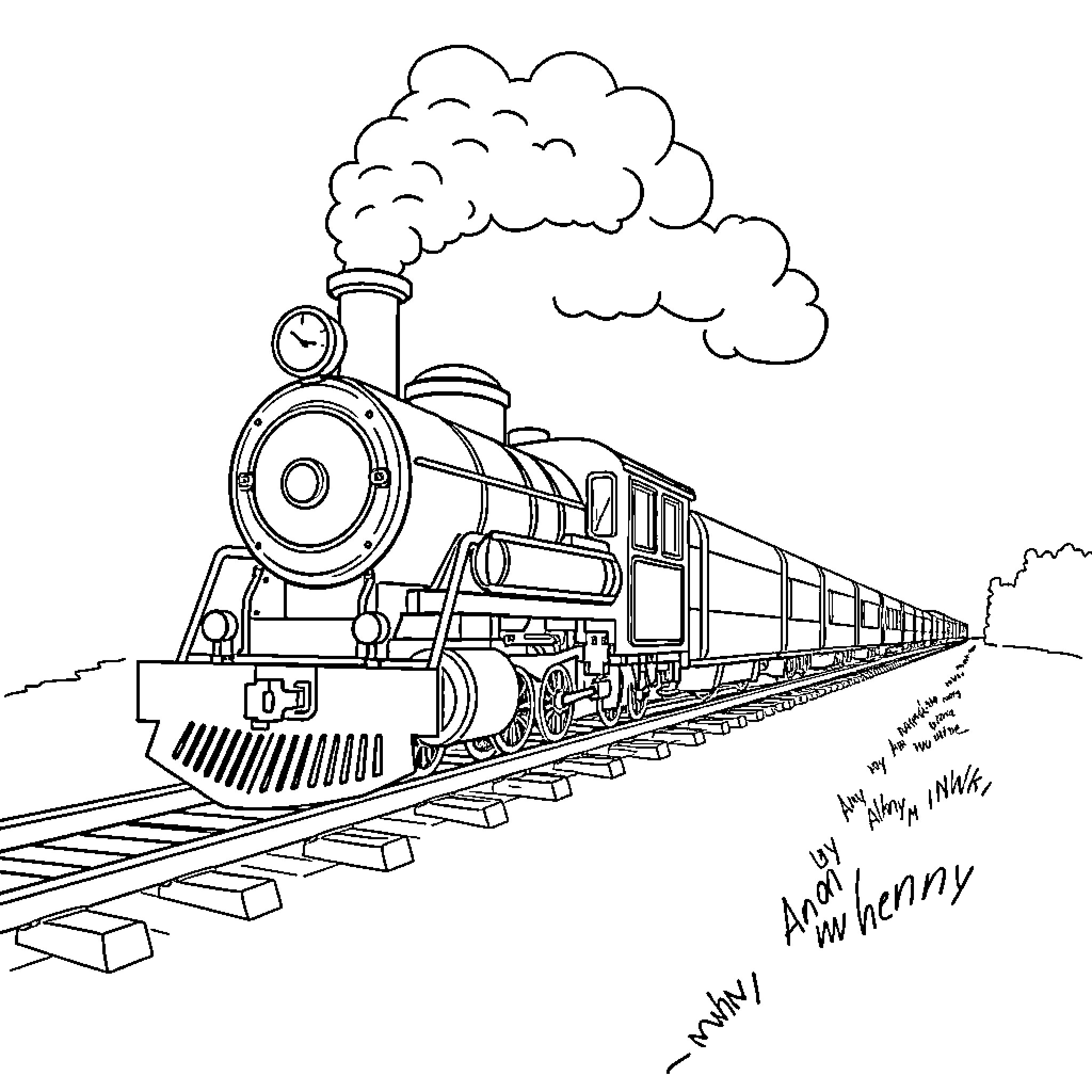 Train Chugging Steadily on Tracks with Smoke Coloring Page (free black-and-white line drawing printable PDF for all, from beginners to advanced learners, including children, teens, adults, and seniors)