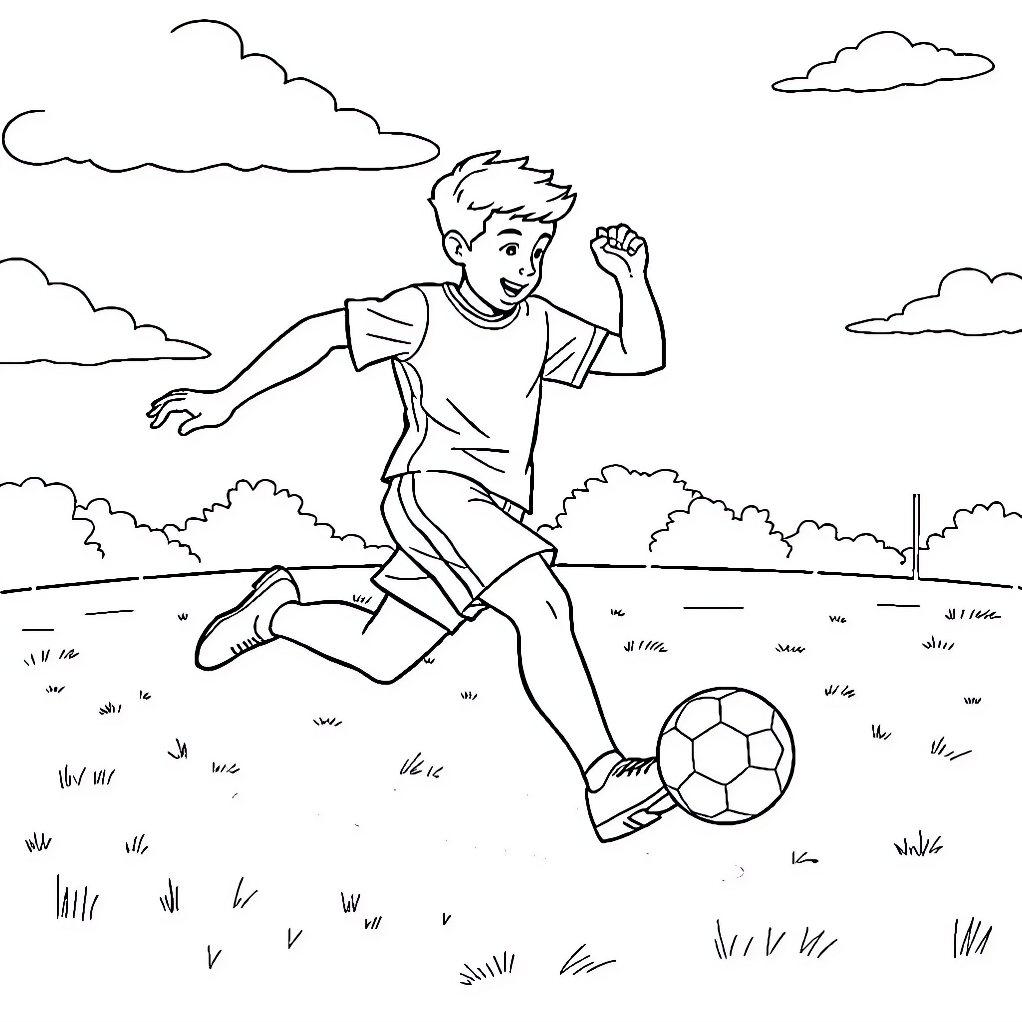 Loydd playing soccer in the field Coloring Page (free black-and-white line drawing printable PDF for all, from beginners to advanced learners, including children, teens, adults, and seniors)