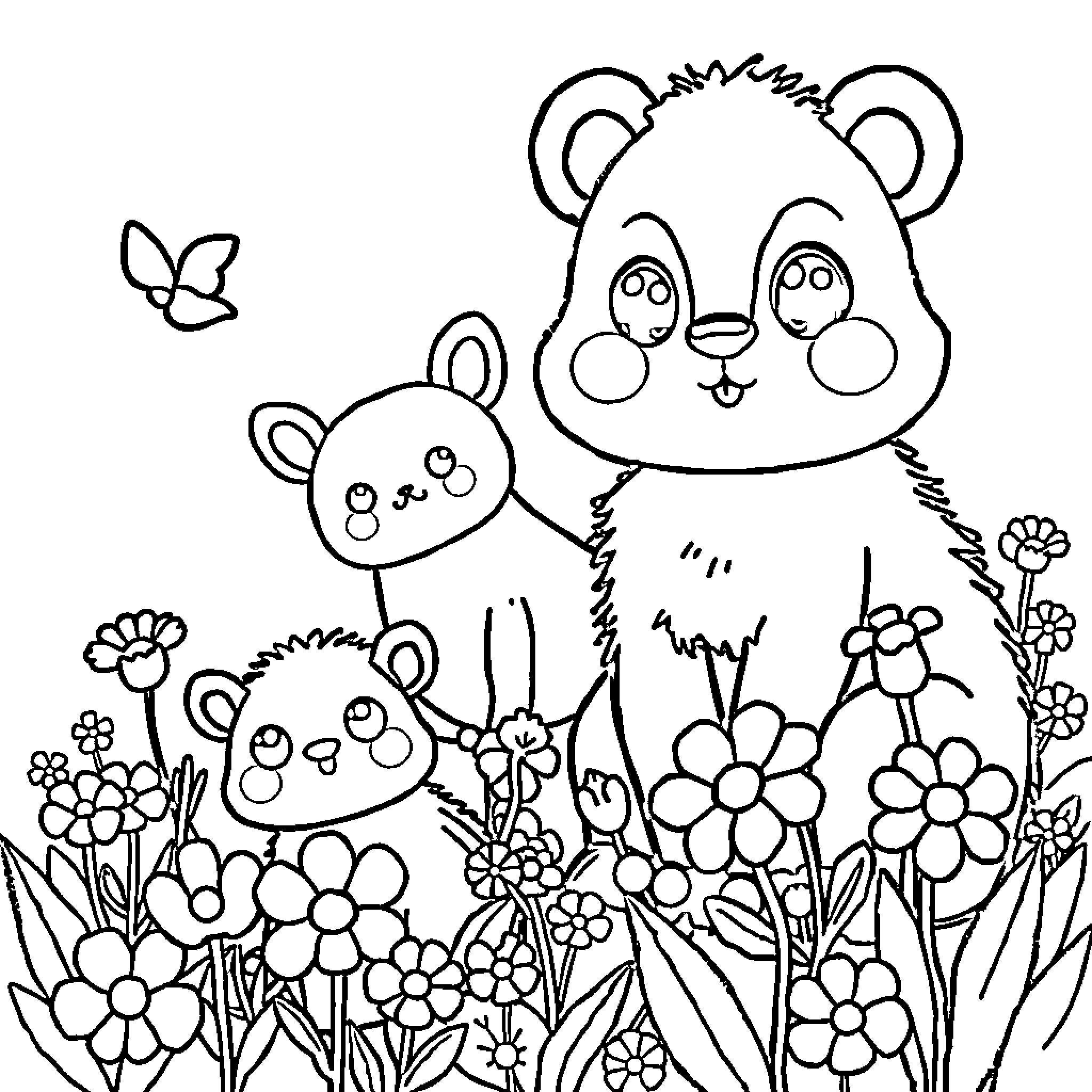 Fluffygarden with adorable panda friends and blooming flowers Coloring Page (free black-and-white line drawing printable PDF for all, from beginners to advanced learners, including children, teens, adults, and seniors)