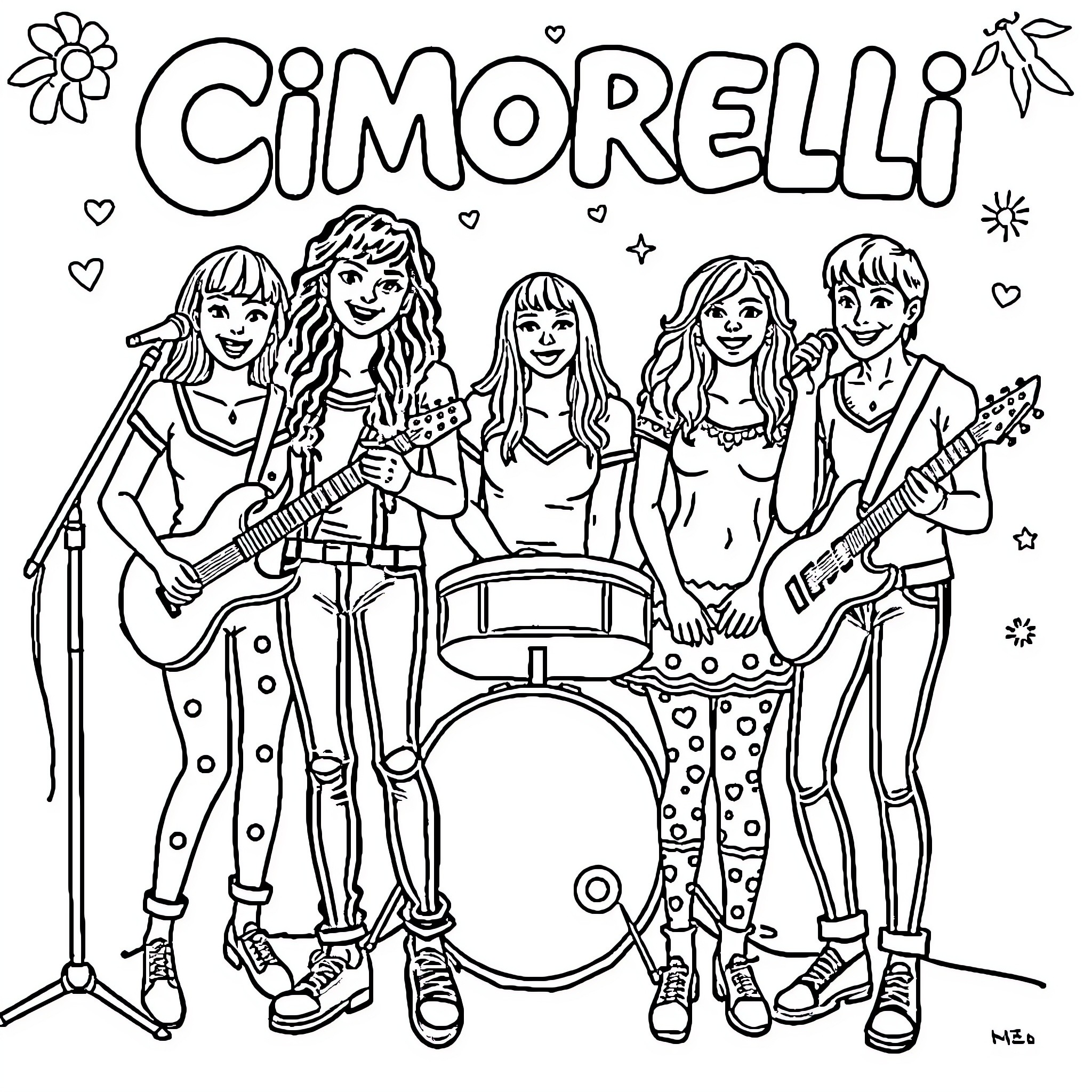 Cimorelli Sisters Performing on Stage Coloring Page (free black-and-white line drawing printable PDF for all, from beginners to advanced learners, including children, teens, adults, and seniors)