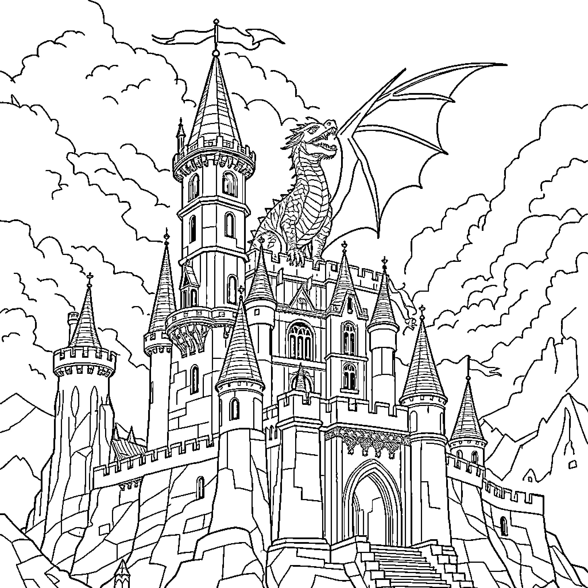 Castle with Dragon Perched Atop Coloring Page (free black-and-white line drawing printable PDF for all, from beginners to advanced learners, including children, teens, adults, and seniors)