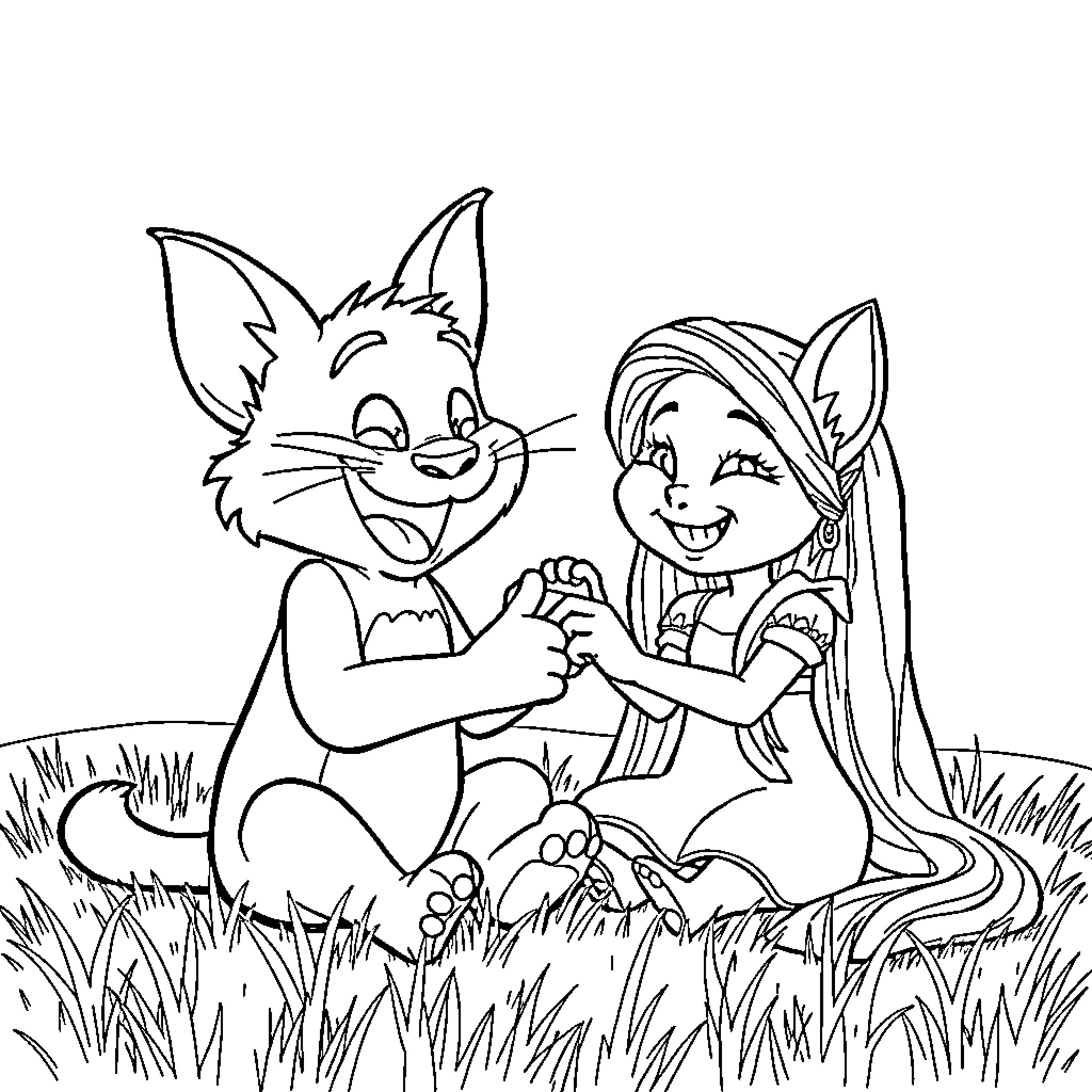 Talking Tom and Girl Playing in Grassy Field Coloring Page (free black-and-white line drawing printable PDF for all, from beginners to advanced learners, including children, teens, adults, and seniors)