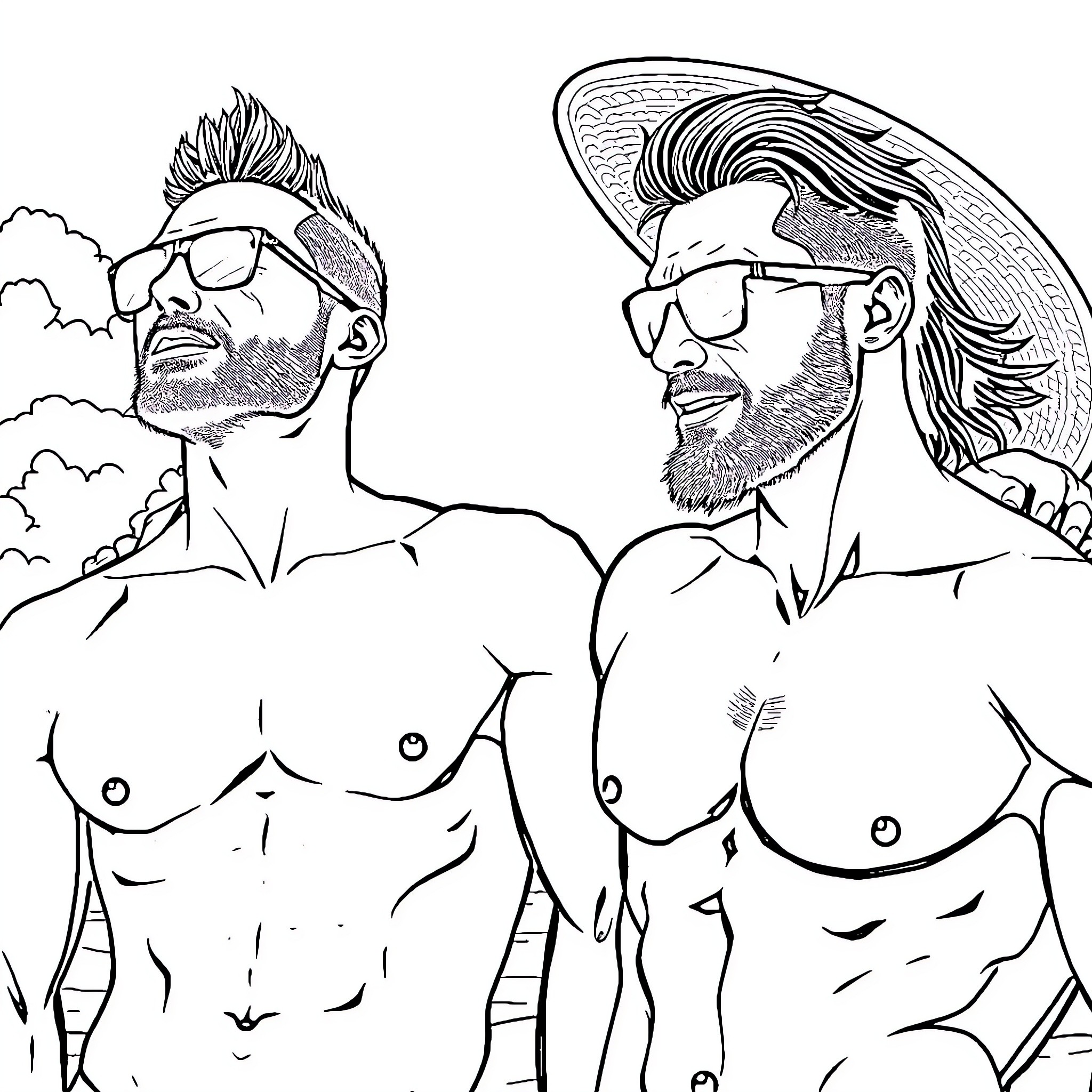 Beefcake bodybuilders posing with determination Coloring Page (free black-and-white line drawing printable PDF for all, from beginners to advanced learners, including children, teens, adults, and seniors)