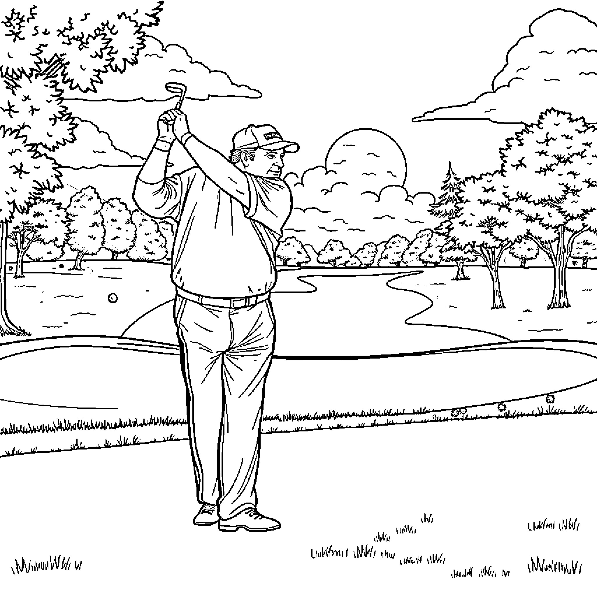 President playing golf in scenic outdoor setting Coloring Page (free black-and-white line drawing printable PDF for all, from beginners to advanced learners, including children, teens, adults, and seniors)