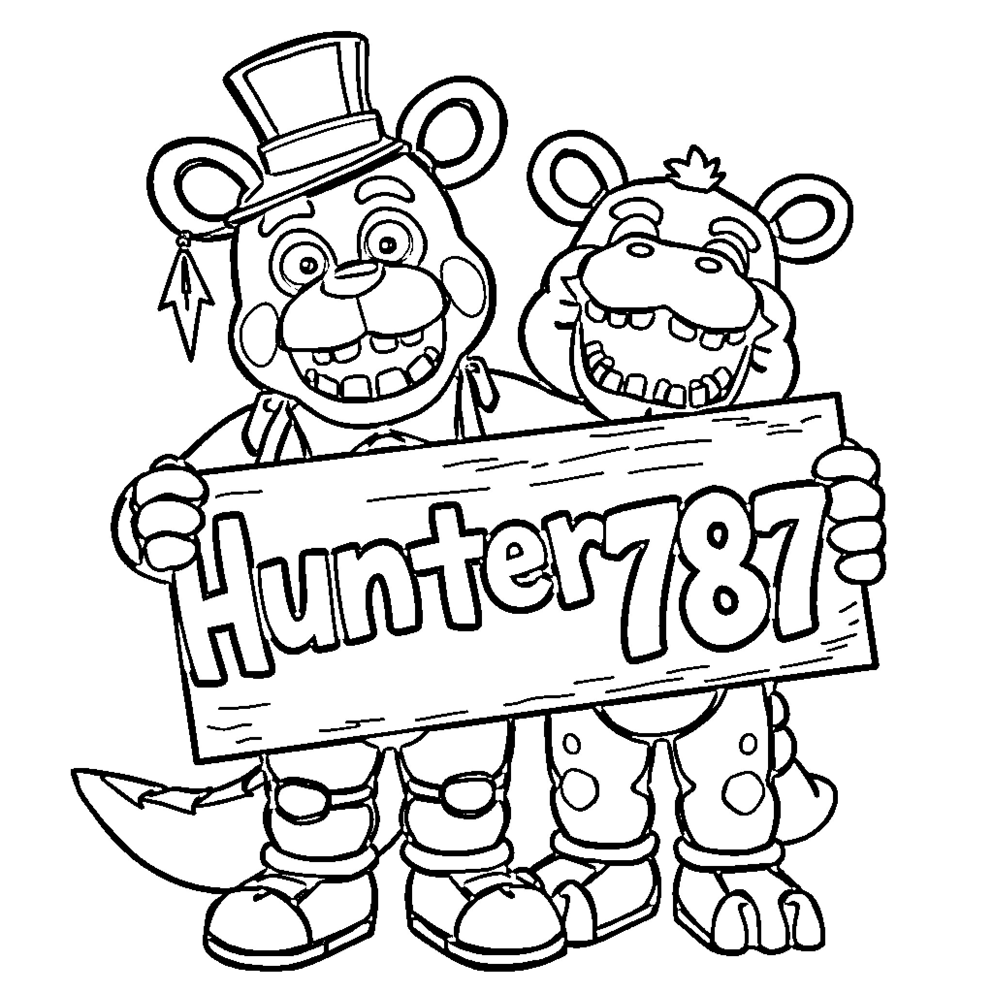 Freddy and his friend in cartoon outfits holding a sign Coloring Page (free black-and-white line drawing printable PDF for all, from beginners to advanced learners, including children, teens, adults, and seniors)