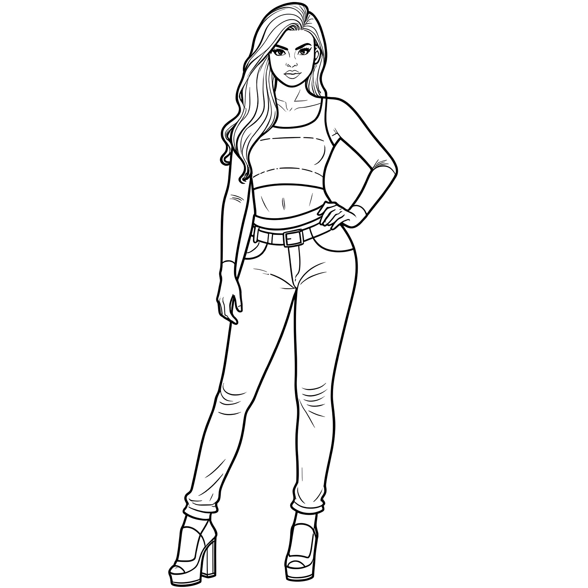 Kylie Jenner posing in stylish outfit Coloring Page (free black-and-white line drawing printable PDF for all, from beginners to advanced learners, including children, teens, adults, and seniors)