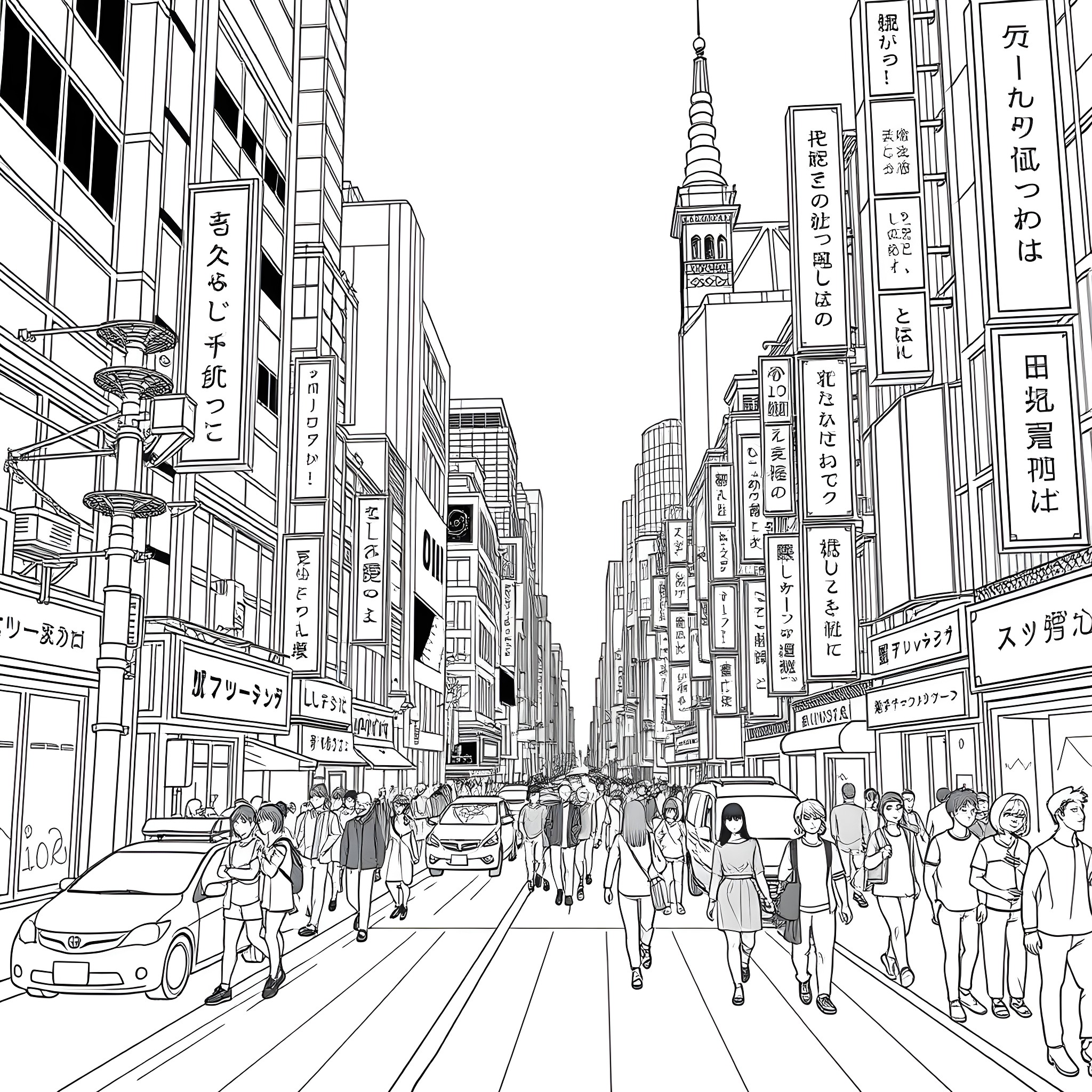 Kuromi exploring the bustling city streets Coloring Page (free black-and-white line drawing printable PDF for all, from beginners to advanced learners, including children, teens, adults, and seniors)