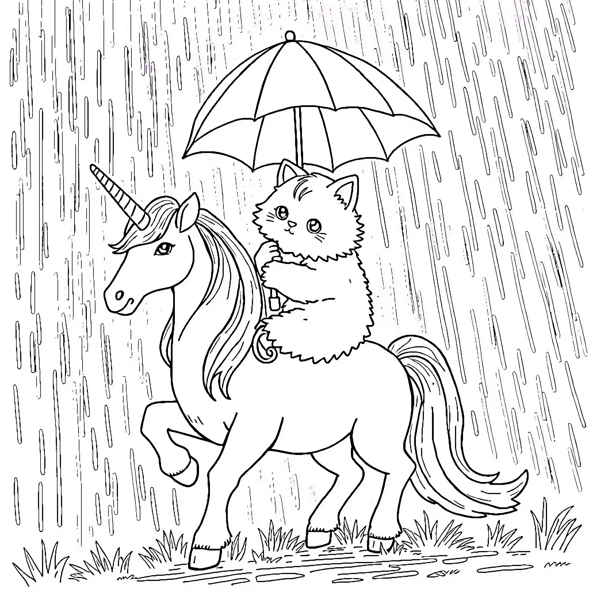 Cat riding unicorn in rainy weather Coloring Page (free black-and-white line drawing printable PDF for all, from beginners to advanced learners, including children, teens, adults, and seniors)