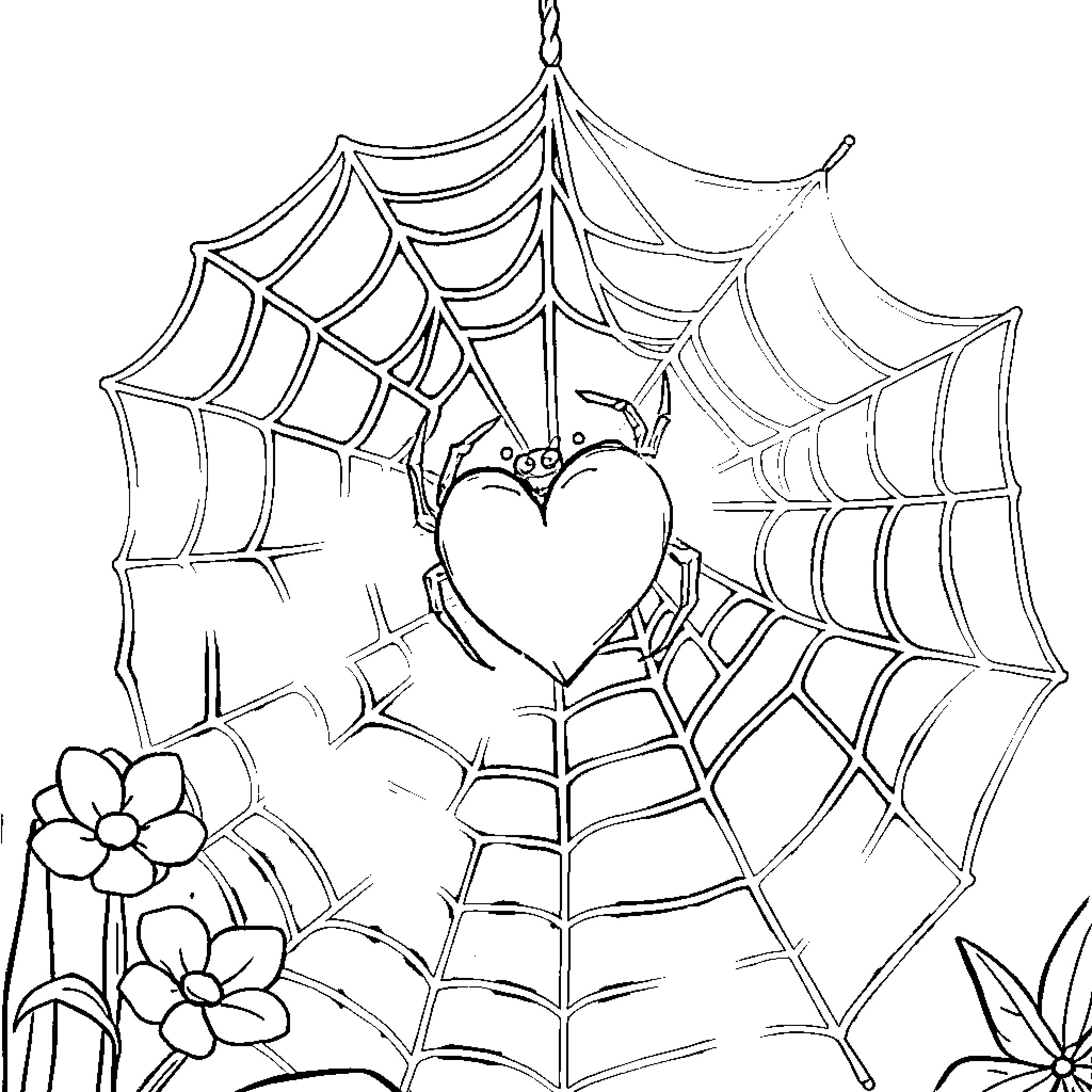 Spider spins intricate web with a heart shape Coloring Page (free black-and-white line drawing printable PDF for all, from beginners to advanced learners, including children, teens, adults, and seniors)