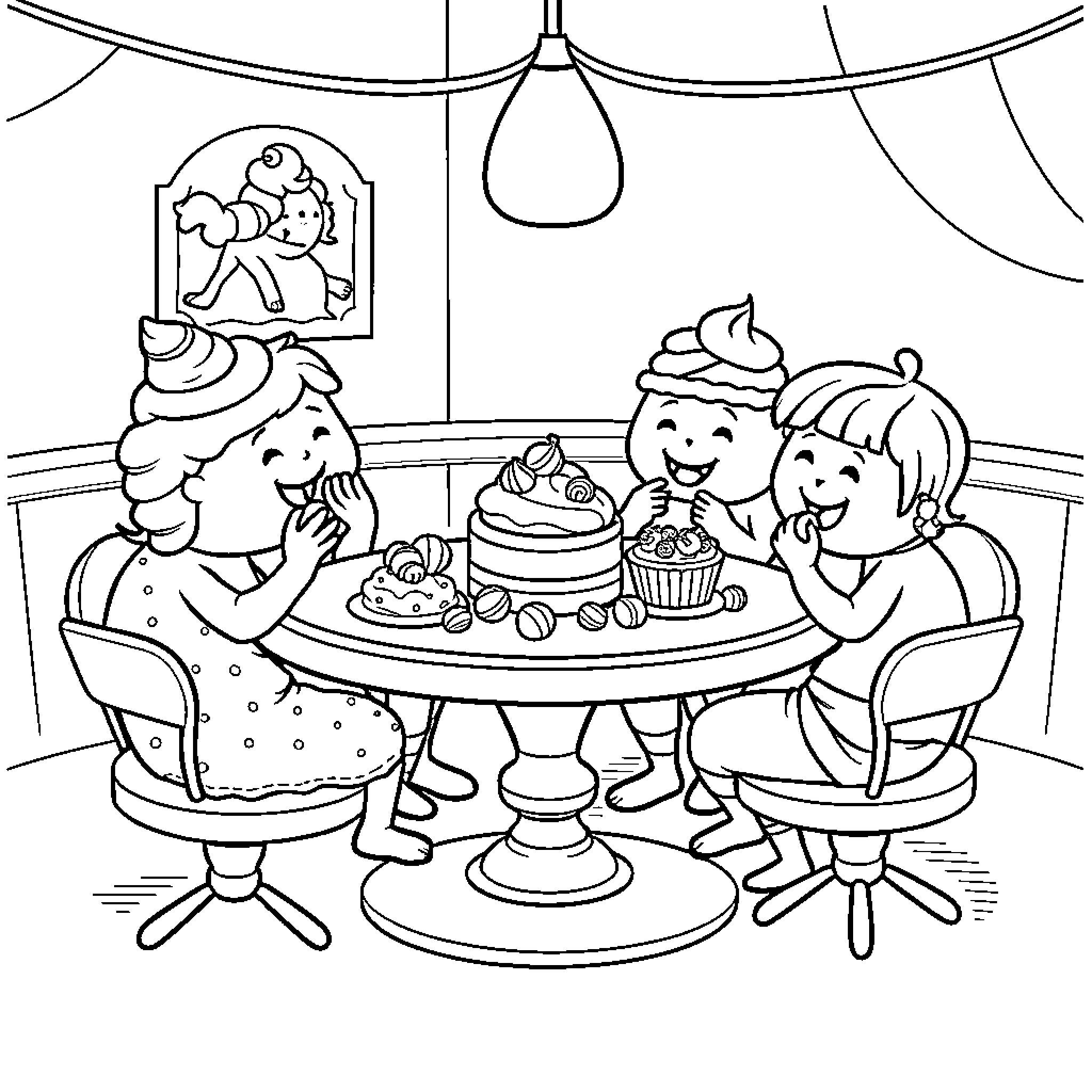 Dessert time with friends in the cafe Coloring Page (free black-and-white line drawing printable PDF for all, from beginners to advanced learners, including children, teens, adults, and seniors)