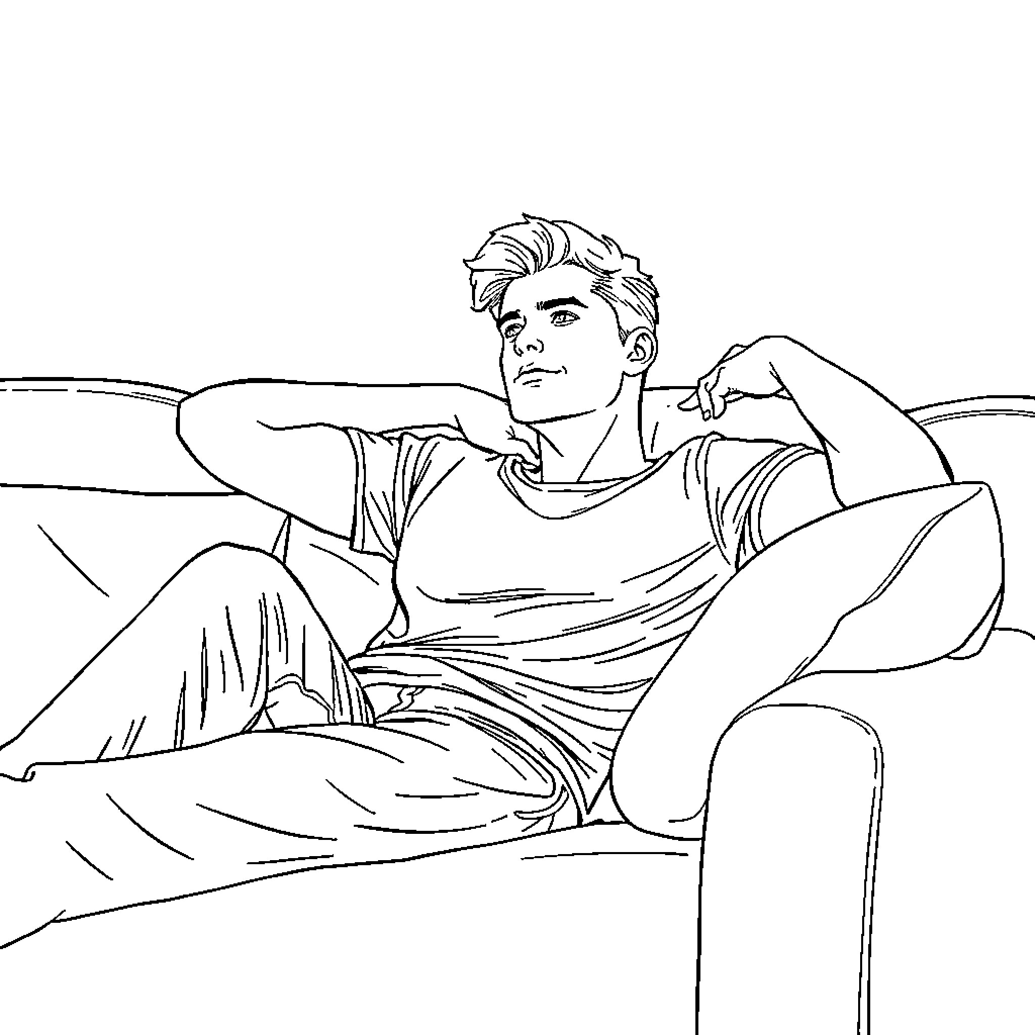 Guy lounging comfortably on a couch Coloring Page (free black-and-white line drawing printable PDF for all, from beginners to advanced learners, including children, teens, adults, and seniors)