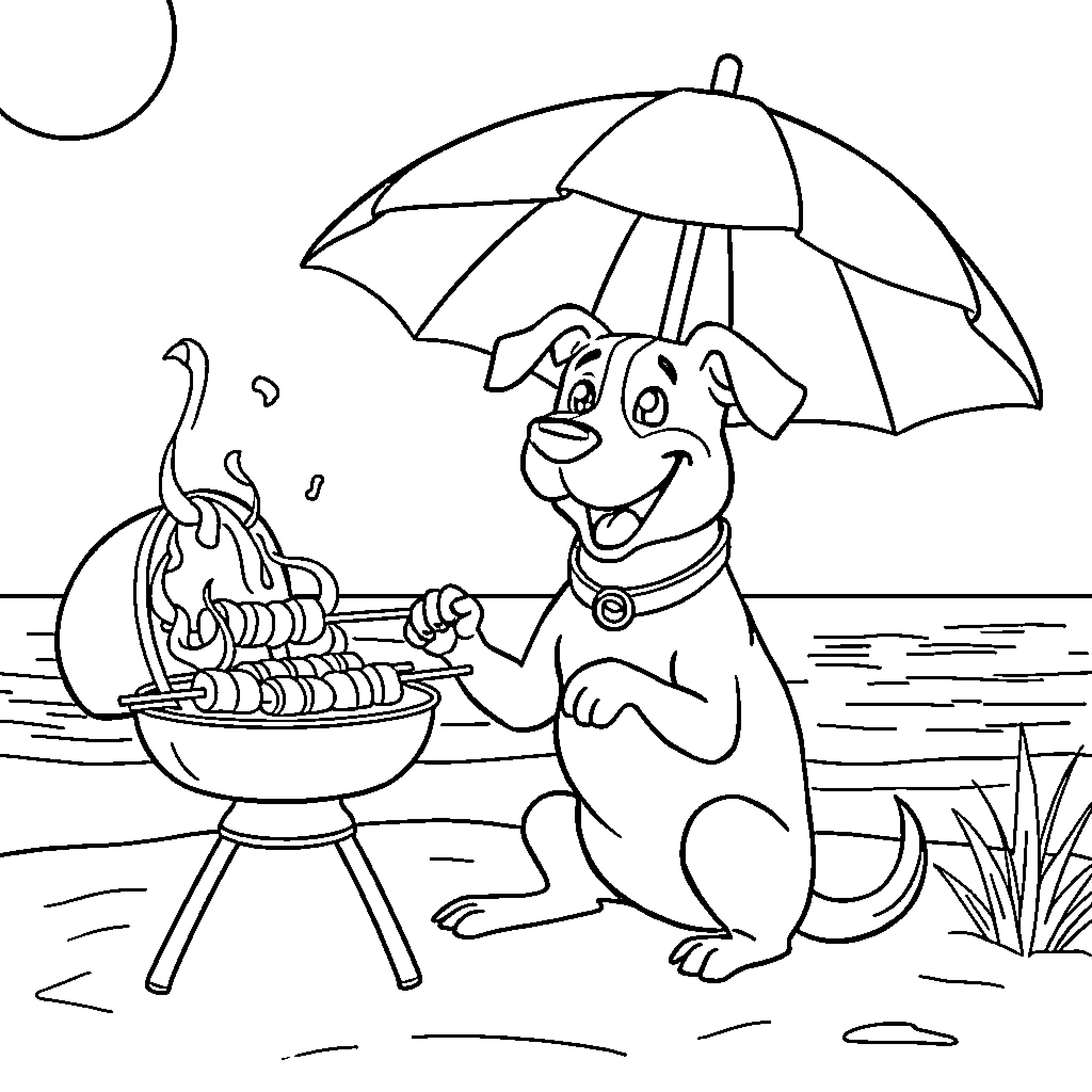 Dog enjoying a BBQ on the beach Coloring Page (free black-and-white line drawing printable PDF for all, from beginners to advanced learners, including children, teens, adults, and seniors)