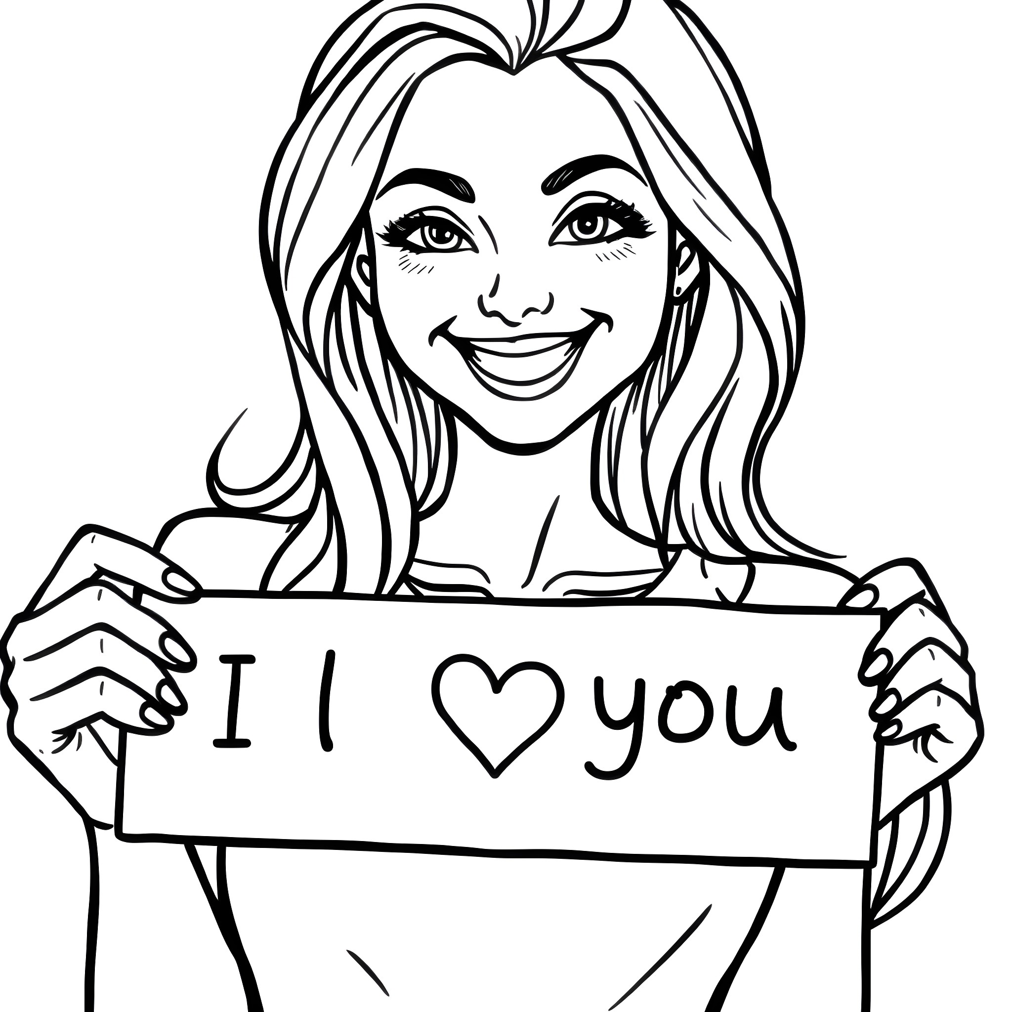 Woman holding an 'I love you' sign with a happy expression Coloring Page (free black-and-white line drawing printable PDF for all, from beginners to advanced learners, including children, teens, adults, and seniors)