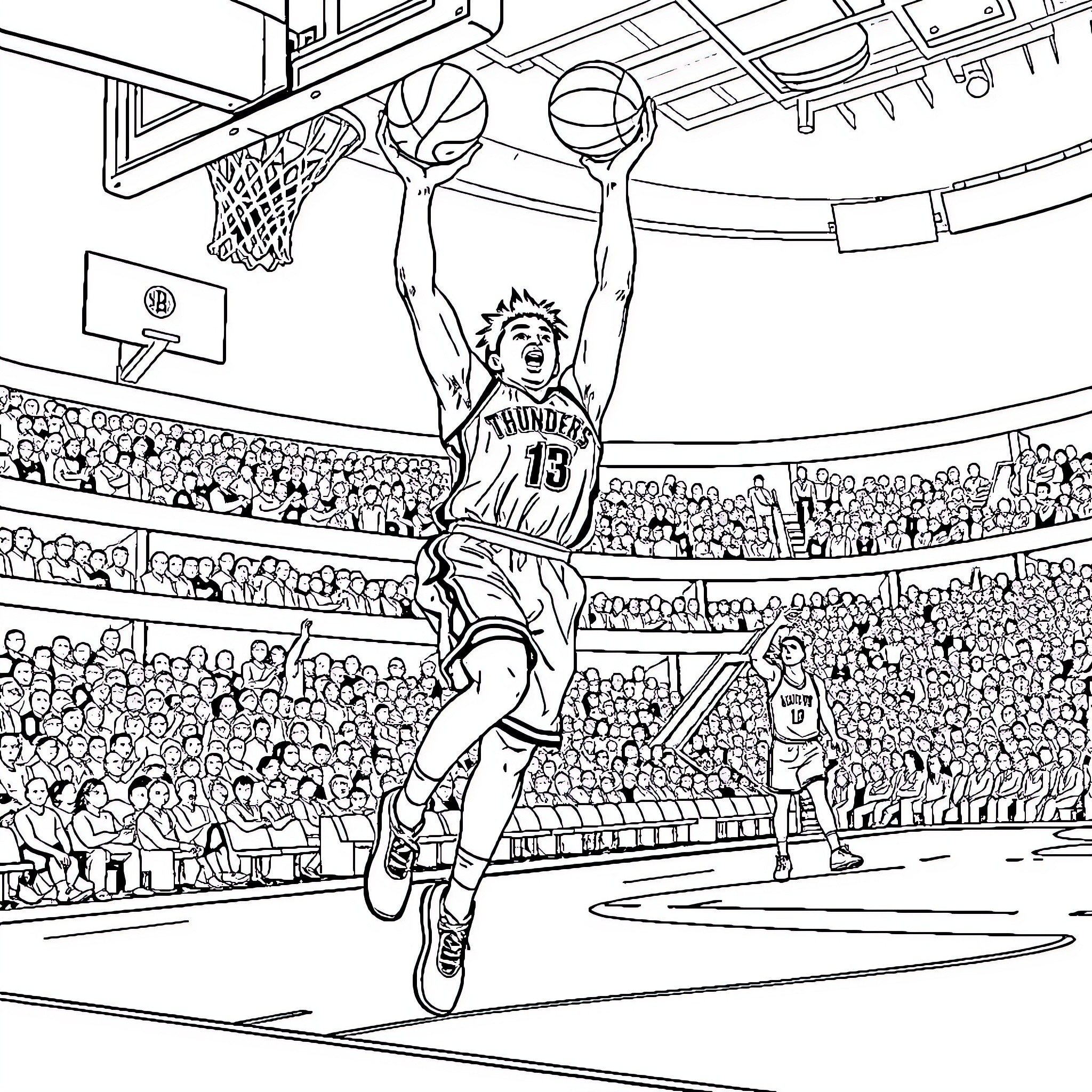 Thunder Dunking Showdown in Basketball Arena Coloring Page (free black-and-white line drawing printable PDF for all, from beginners to advanced learners, including children, teens, adults, and seniors)