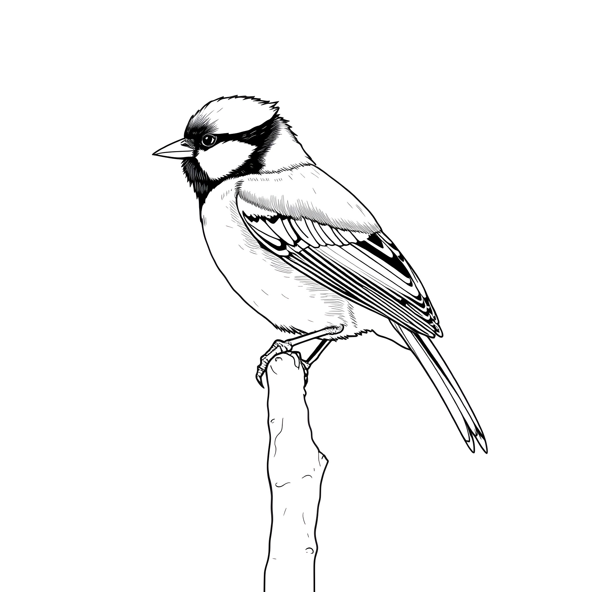 Great Tit perched on a branch Coloring Page (free black-and-white line drawing printable PDF for all, from beginners to advanced learners, including children, teens, adults, and seniors)