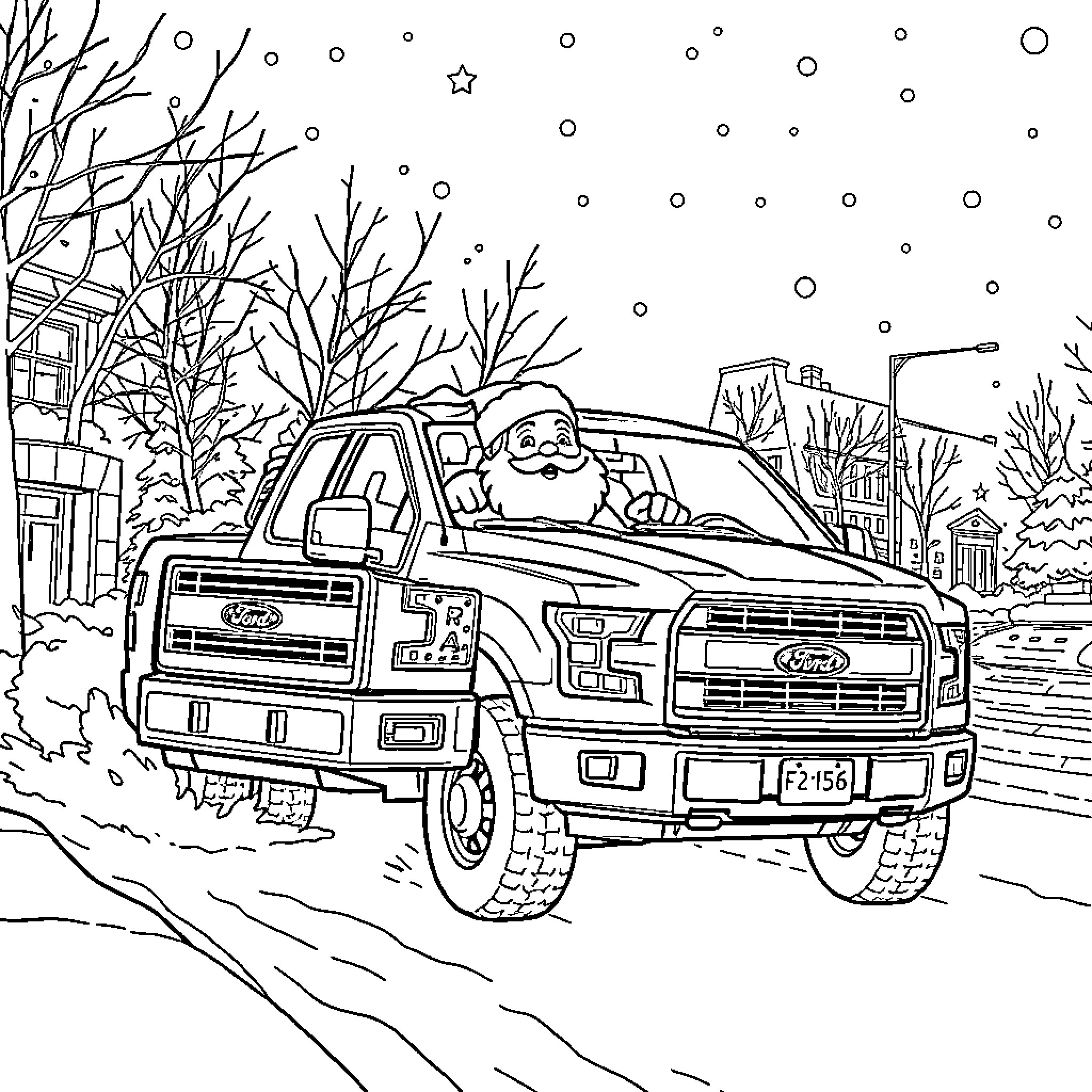 Santa driving a pickup truck in the snowy town Coloring Page (free black-and-white line drawing printable PDF for all, from beginners to advanced learners, including children, teens, adults, and seniors)