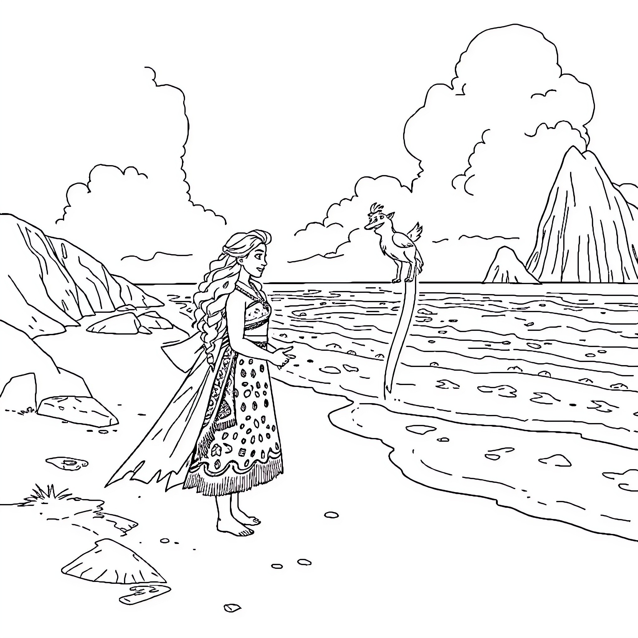 Moana exploring the tropical beach scenery Coloring Page (free black-and-white line drawing printable PDF for all, from beginners to advanced learners, including children, teens, adults, and seniors)
