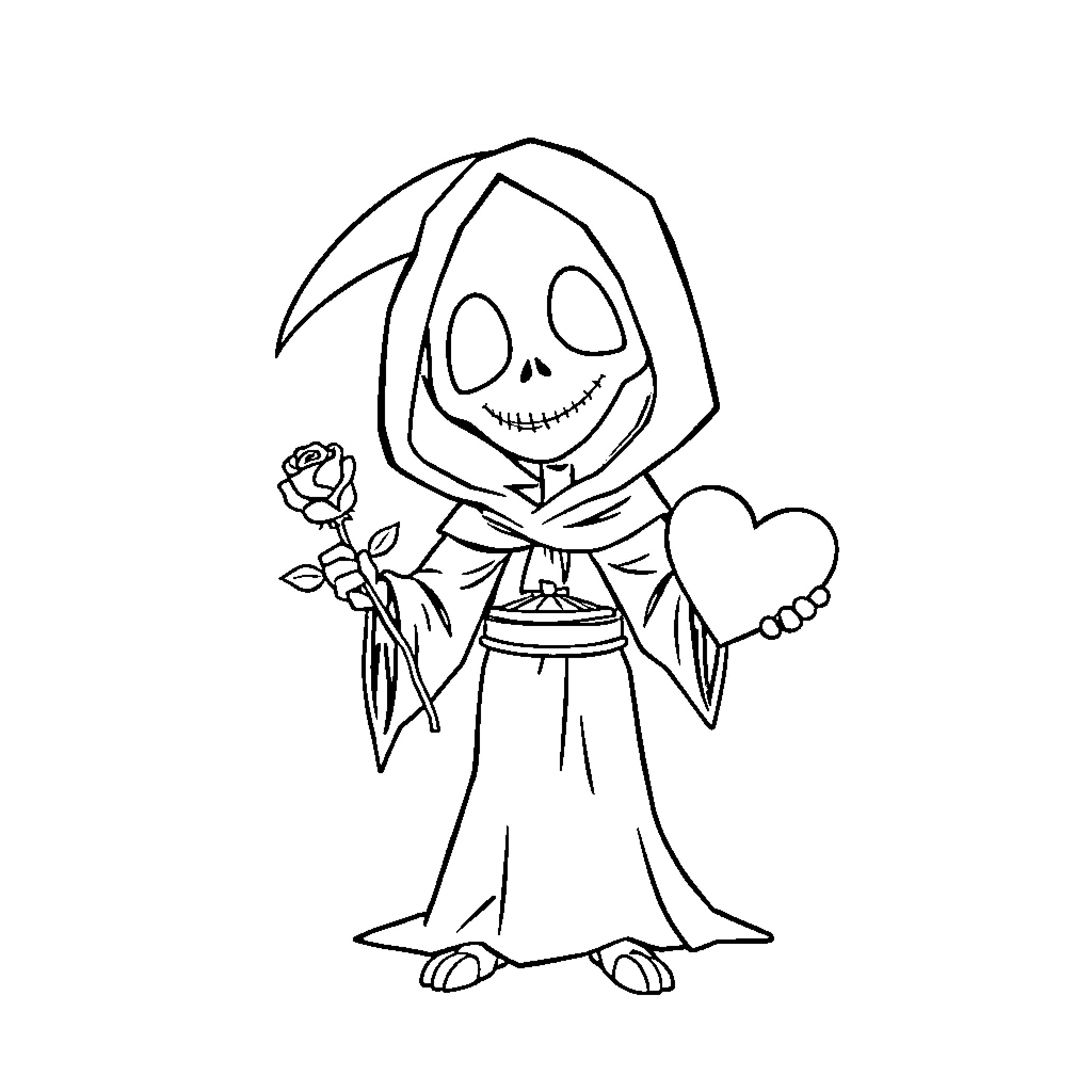 Grim Reaper holding a rose and heart Coloring Page (free black-and-white line drawing printable PDF for all, from beginners to advanced learners, including children, teens, adults, and seniors)