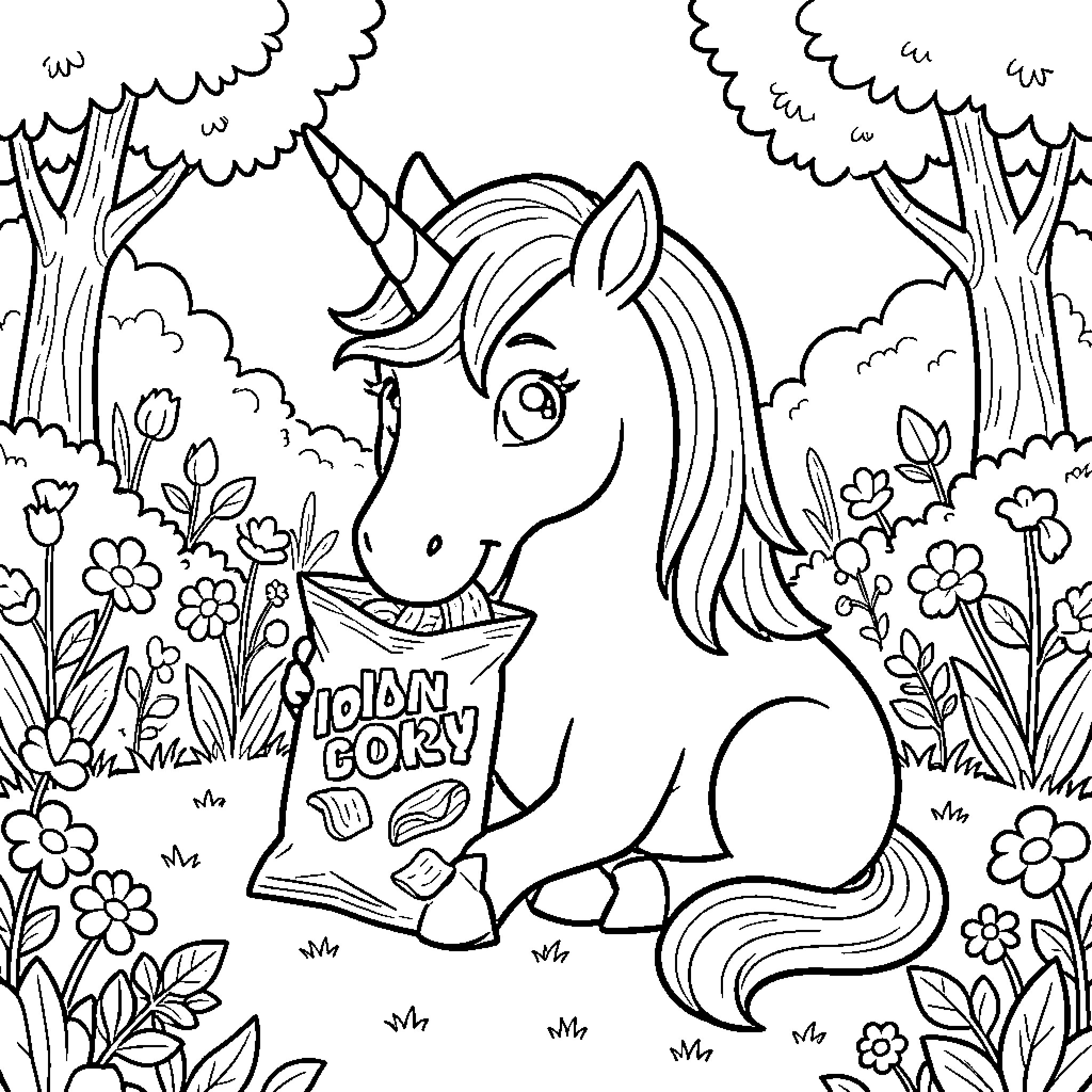 Unicorn sitting and eating snacks in a garden Coloring Page (free black-and-white line drawing printable PDF for all, from beginners to advanced learners, including children, teens, adults, and seniors)
