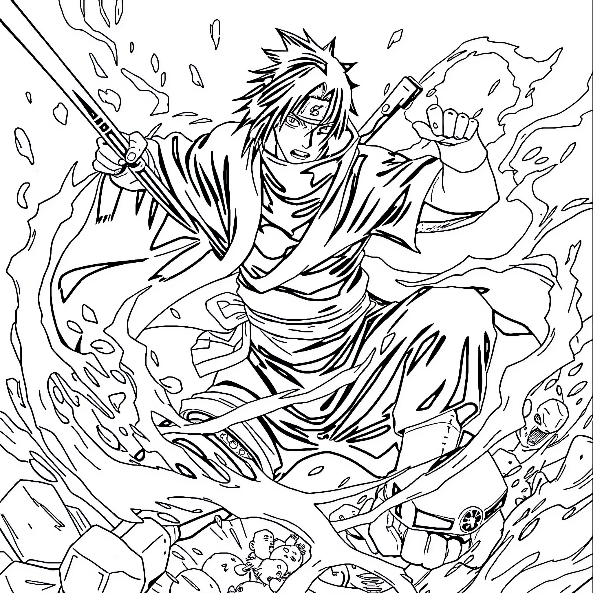 Itachi's Fierce Ninja Battle Coloring Page (free black-and-white line drawing printable PDF for all, from beginners to advanced learners, including children, teens, adults, and seniors)