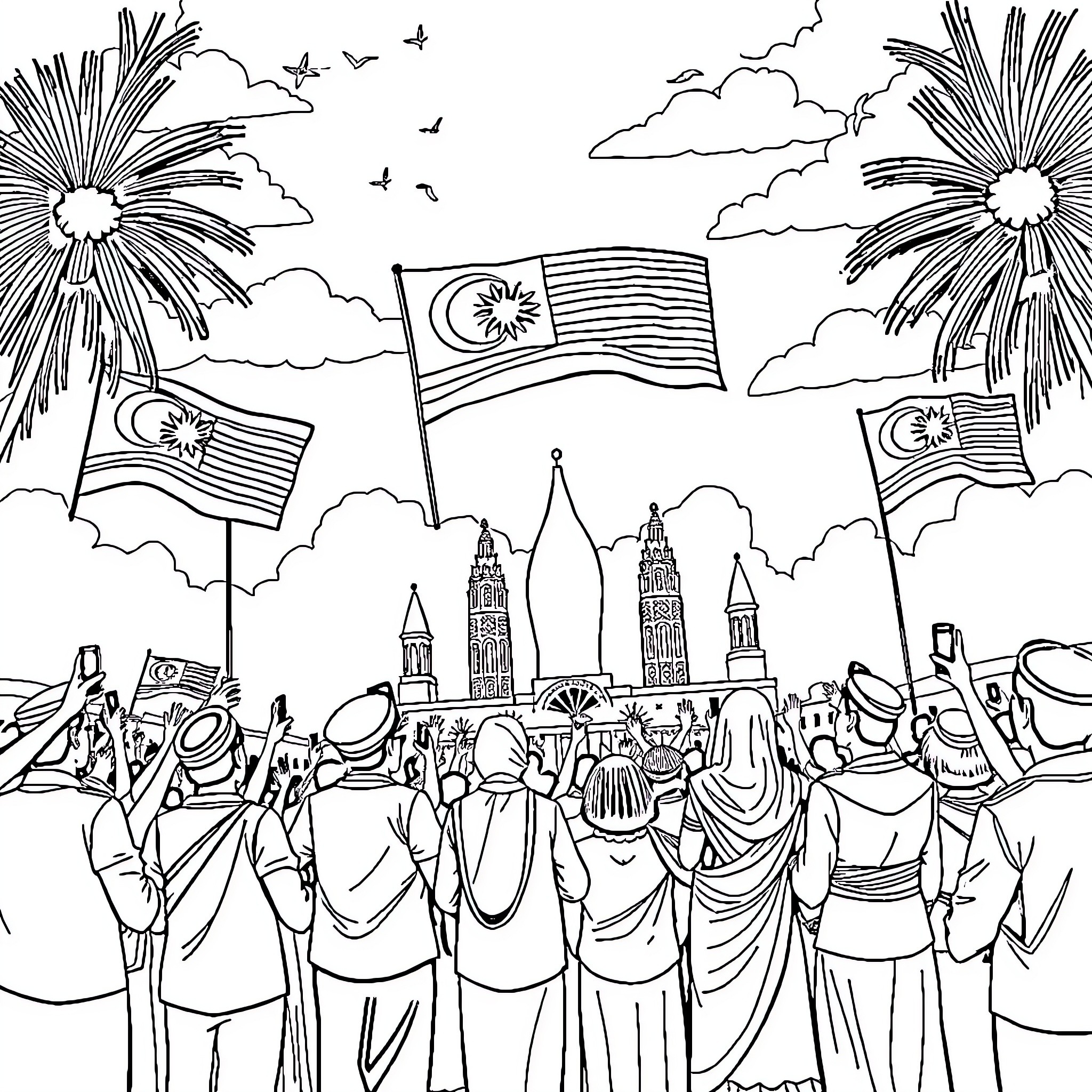 Malaysia Celebrates Independence with Festive Crowd Coloring Page (free black-and-white line drawing printable PDF for all, from beginners to advanced learners, including children, teens, adults, and seniors)