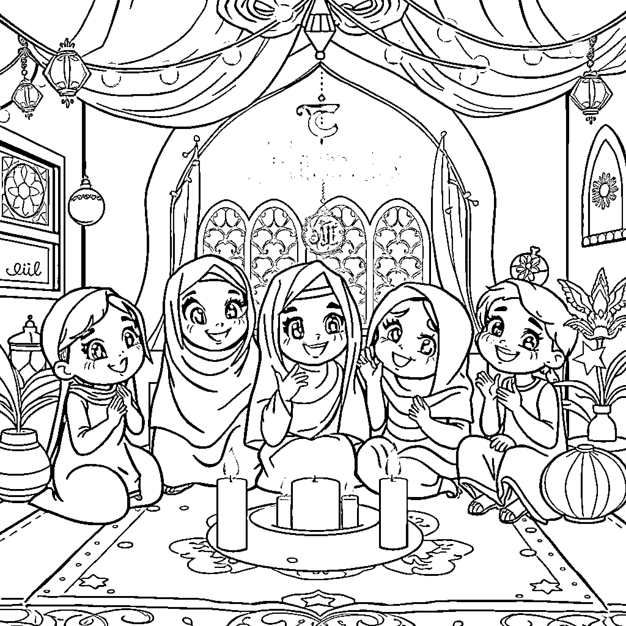Gabby and friends celebrating in a festive setting Coloring Page (free black-and-white line drawing printable PDF for all, from beginners to advanced learners, including children, teens, adults, and seniors)