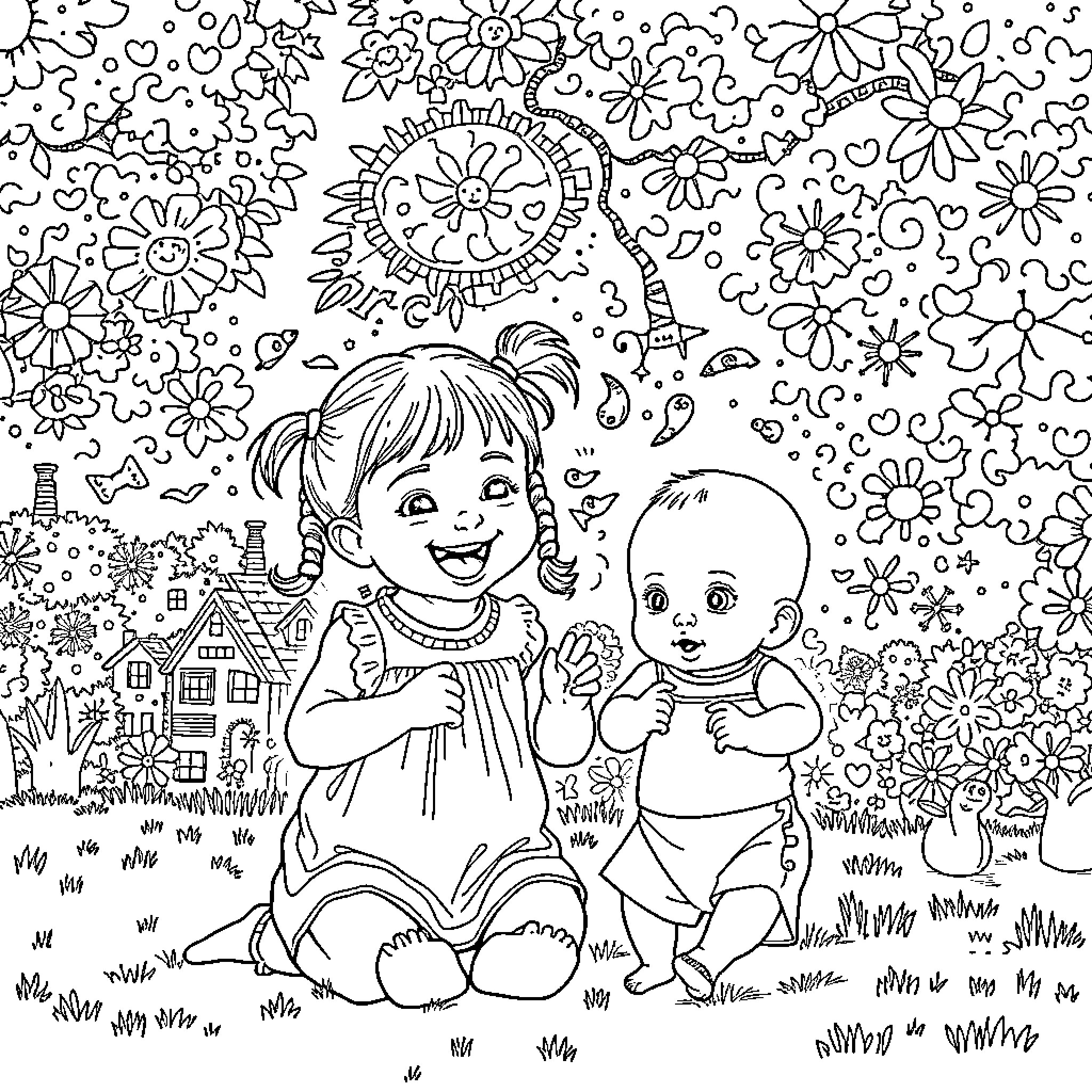 Child's Joyful Playtime with Friends Coloring Page (free black-and-white line drawing printable PDF for all, from beginners to advanced learners, including children, teens, adults, and seniors)